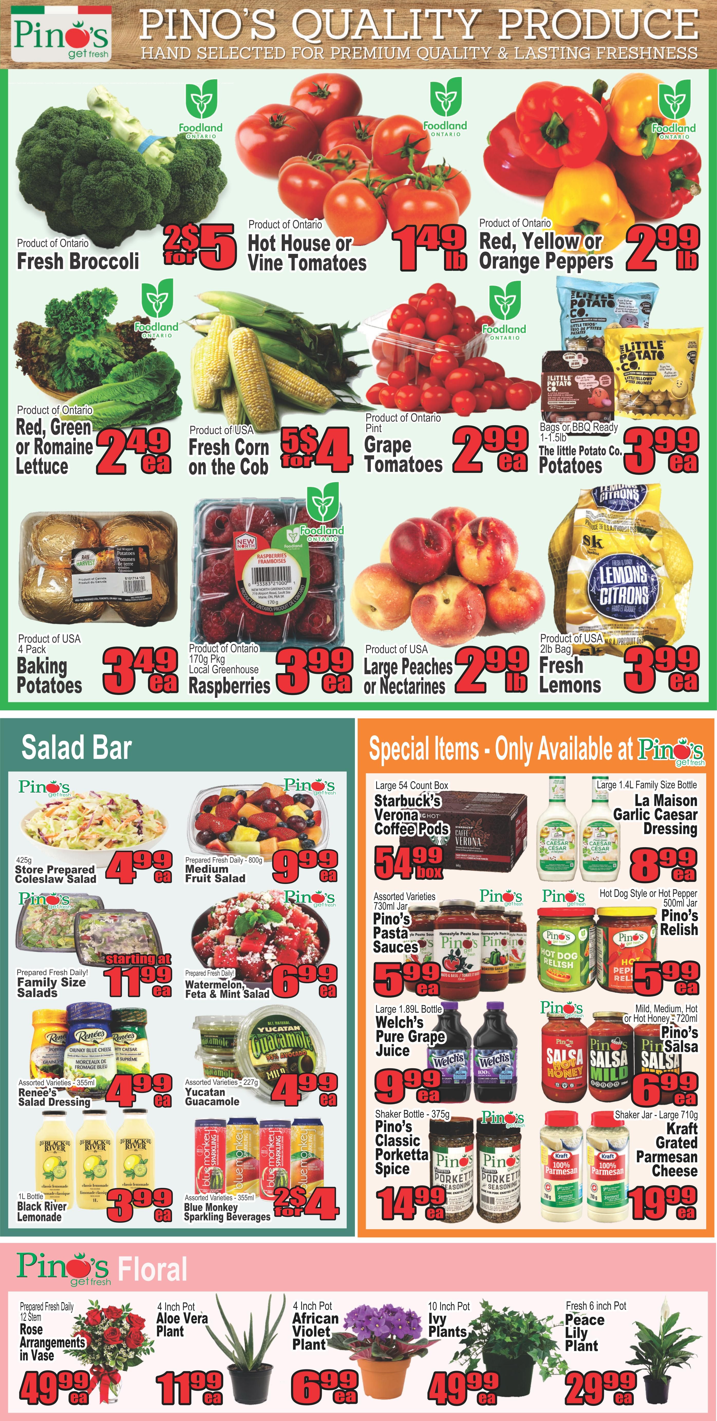 Pino's Get Fresh weekly flyer specials page 2 features a wide selection of quality produce. Fresh Broccoli is $5 for 2, Hot House or Vine Tomatoes are $1.49 per lb, and Red, Yellow or Orange Peppers are $2.99 per lb. Red, Green or Romaine Lettuce is $2.49 each, Fresh Corn on the Cob is 4 for $5, and Grape Tomatoes are $2.99 per container. Other produce includes USA Baking Potatoes for $3.49 per 4-pack, 170g Pkg Local Greenhouse Raspberries for $3.99 each, USA Large Peaches or Nectarines for $2.99 per lb, and USA Fresh Lemons for $3.99 each. The Salad Bar offers Store Prepared Coleslaw Salad for $4.99 each, Medium Fruit Salad for $9.99 each, starting at $11.99 for Family Size Salads, and Watermelon, Feta & Mint Salad for $6.99 each. Also available are Renee's Salad Dressing for $4.99 each, and Yucatan Guacamole for $4.99 each. Beverages include 1L Black River Lemonade for $3.99 each and 355ml Blue Monkey Sparkling Beverages for 2 for $4. Special items include a Large 54 Count Box of Starbucks Verona Hot Coffee Pods for $54.99 per box, and a Large 1.4L Family Size Bottle of La Maison Garlic Caesar Dressing for $8.99 each. Other special items include Assorted Varieties 730ml Jar Pino's Pasta Sauces for $5.99 each, 1.89L Bottle Welch's Pure Grape Juice for $9.99 each, Shaker Bottle - 375g Pino's Classic Porketta Spice for $14.99 each, Mild, Medium, Hot or Hot Honey 720ml Pino's Salsa for $6.99 each, and Shaker Jar - Large 710g Kraft Grated Parmesan Cheese for $19.99 each. Pino's Floral section offers Prepared Fresh Daily 12 Stem Rose Arrangements in Vase for $49.99 each, 4 Inch Pot Aloe Vera Plant for $11.99 each, 4 Inch Pot African Violet Plant for $6.99 each, 10 Inch Pot Ivy Plants for $49.99 each, and Fresh 6 Inch Pot Peace Lily Plant for $29.99 each.