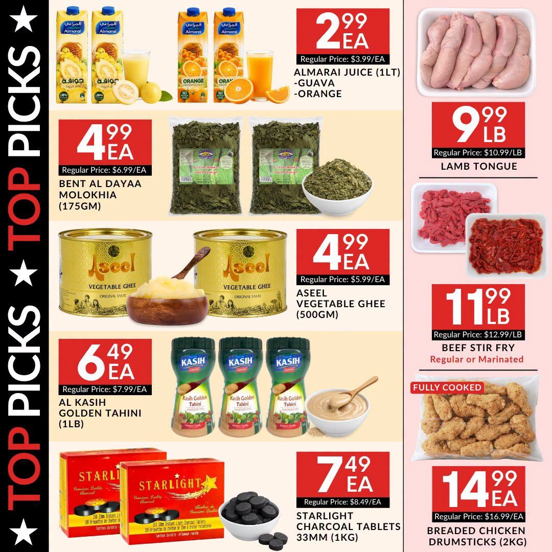 Basha Foods International weekly flyer specials page 2 features top picks including Almarai Juice in Guava and Orange flavours for $2.99 each, Bent Al Dayaa Molokhia (175gm) for $4.99 each, and Aseel Vegetable Ghee (500gm) for $4.99 each. Also featured are Al Kasih Golden Tahini (1LB) for $6.49 each, and Starlight Charcoal Tablets 33mm (1KG) for $7.49 each. On the right side, find Lamb Tongue for $9.99/lb, Beef Stir Fry (Regular or Marinated) for $11.99/lb, and Fully Cooked Breaded Chicken Drumsticks (2KG) for $14.99 each.