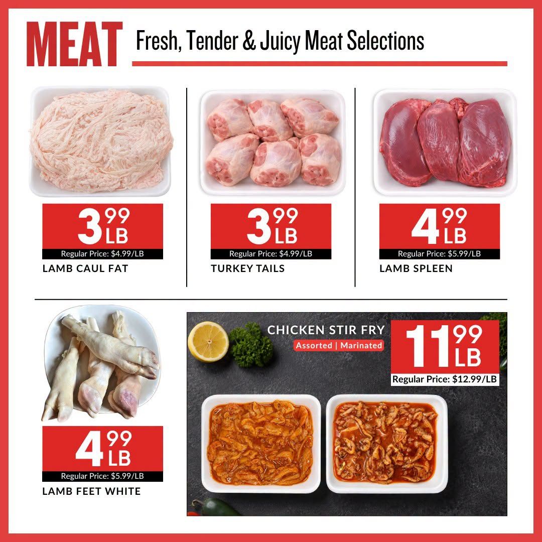 Basha Foods International weekly flyer specials page 3 features a variety of meat selections. Top row includes Lamb Caul Fat for $3.99/LB (regular price $4.99/LB), Turkey Tails for $3.99/LB (regular price $4.99/LB), and Lamb Spleen for $4.99/LB (regular price $5.99/LB). Bottom row features Lamb Feet White for $4.99/LB (regular price $5.99/LB) and Assorted | Marinated Chicken Stir Fry for $11.99/LB (regular price $12.99/LB).