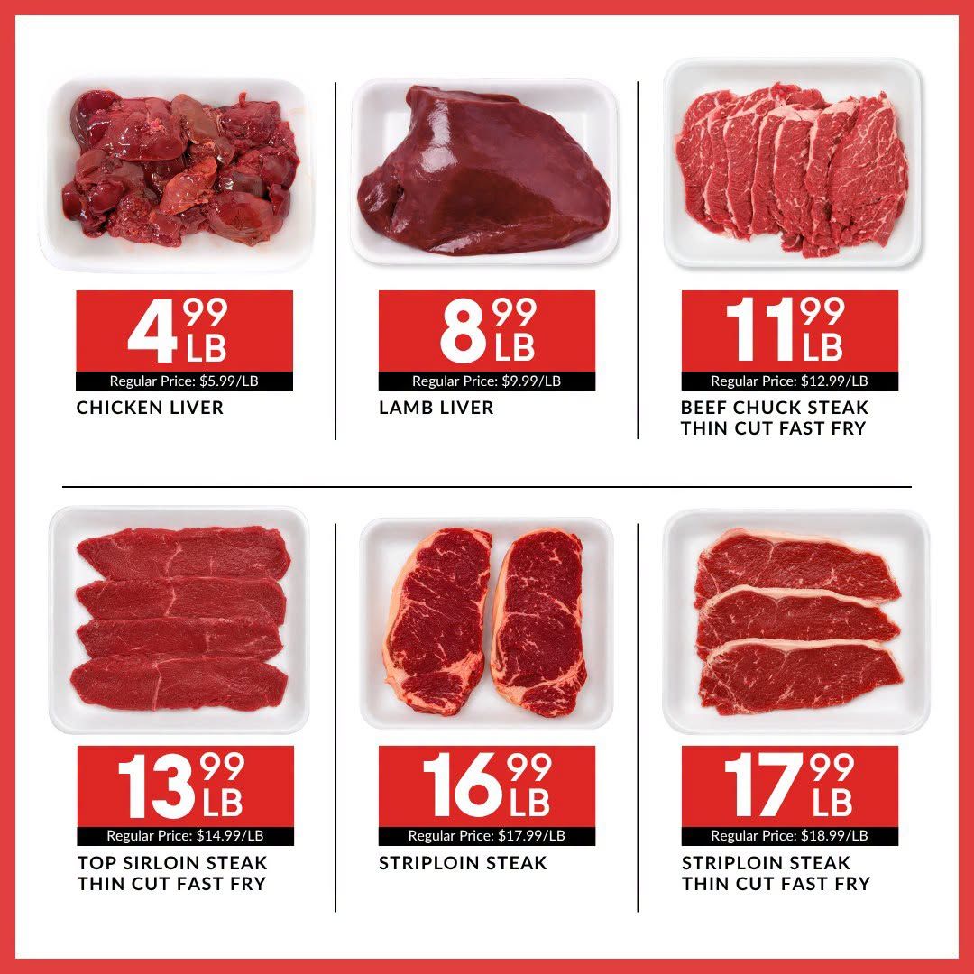 Basha Foods International weekly flyer specials page 4 features various meat products. Chicken liver is on sale for $4.99/lb, with a regular price of $5.99/lb. Lamb liver is priced at $8.99/lb, down from its regular price of $9.99/lb. Beef chuck steak, thin cut for fast fry, is available for $11.99/lb, with a regular price of $12.99/lb. Top sirloin steak, thin cut for fast fry, is priced at $13.99/lb, with a regular price of $14.99/lb. Striploin steak is on special for $16.99/lb, with a regular price of $17.99/lb. Lastly, striploin steak, thin cut for fast fry, is offered at $17.99/lb, down from its regular price of $18.99/lb.
