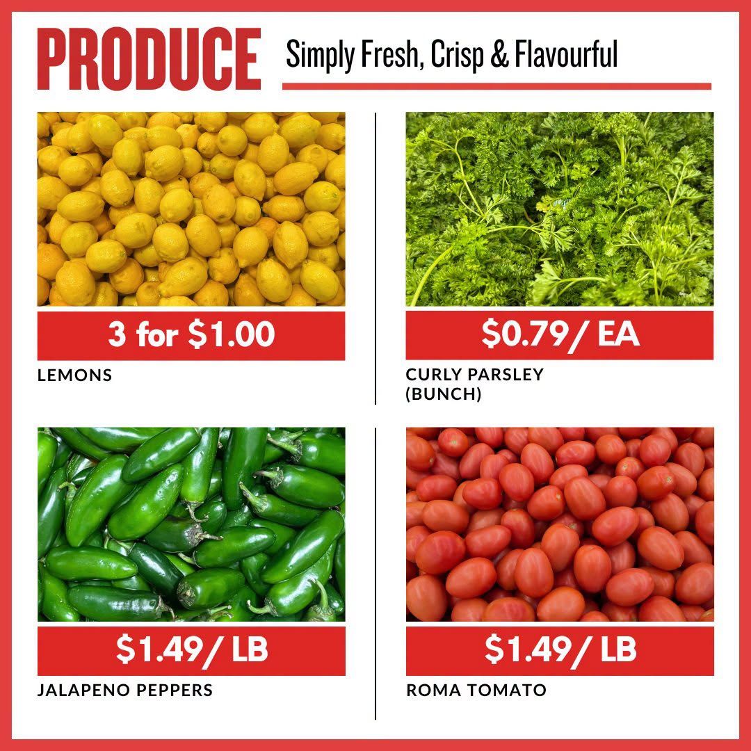 Basha Foods International weekly flyer specials page 5 features fresh produce. Lemons are available 3 for $1.00. Curly parsley bunches are priced at $0.79 each. Jalapeno peppers are $1.49 per pound. Roma tomatoes are also $1.49 per pound.