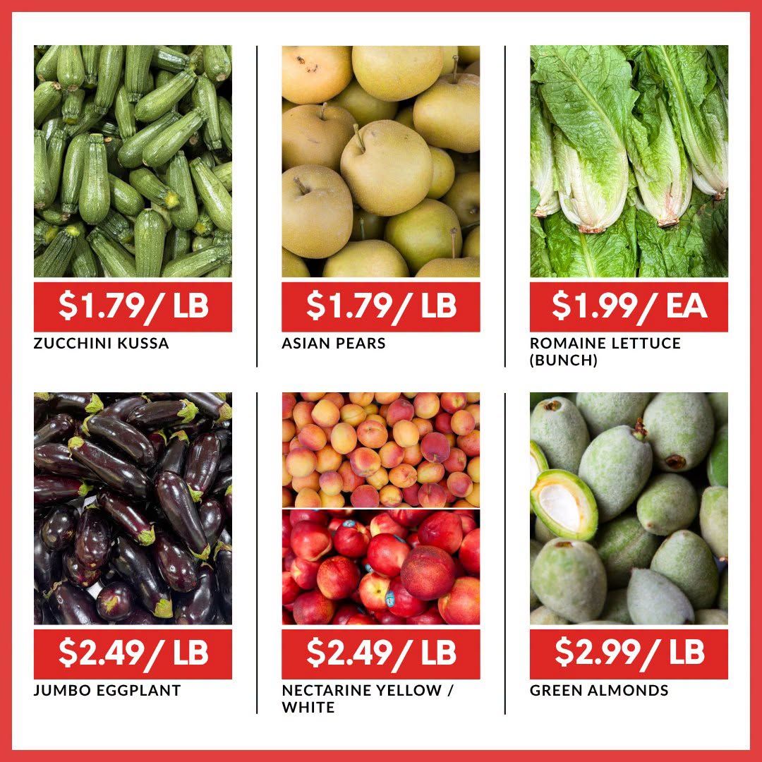 Basha Foods International weekly flyer specials page 6 features fresh produce. Zucchini Kussa is available for $1.79 per pound. Asian Pears are also $1.79 per pound. Romaine Lettuce (bunch) is priced at $1.99 each. Jumbo Eggplant is $2.49 per pound. Yellow/White Nectarines are $2.49 per pound. Green Almonds are $2.99 per pound.