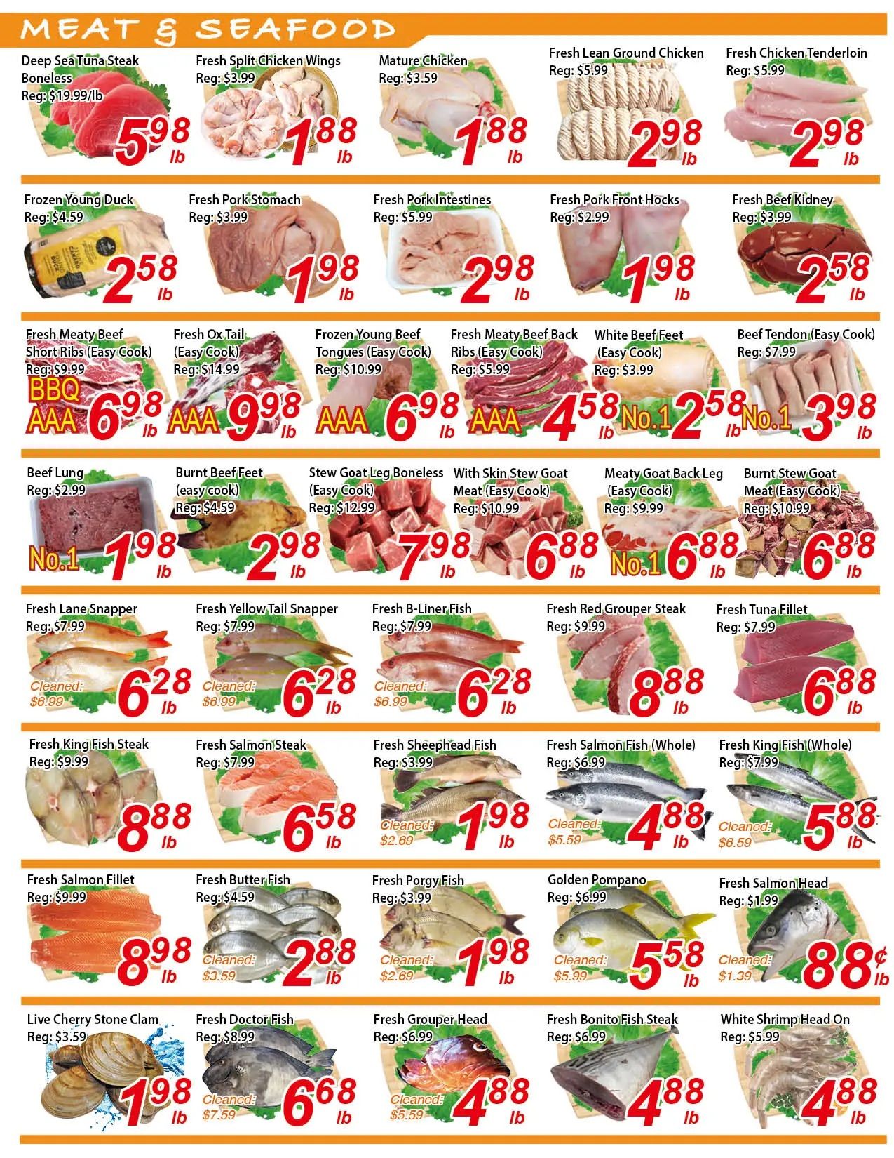 Fresh Win Foodmart weekly flyer page 3 features a wide selection of meat and seafood. Highlights include Deep Sea Tuna Steak Boneless for $5.98/lb, Fresh Split Chicken Wings for $1.88/lb, and Mature Chicken for $1.88/lb. Also featured are Frozen Young Duck for $2.58/lb, Fresh Pork Stomach for $1.98/lb, Fresh Pork Intestines for $2.98/lb, Fresh Pork Front Hocks for $1.98/lb, and Fresh Beef Kidney for $2.58/lb. Ground chicken is available for $2.98/lb and chicken tenderloin for $2.98/lb. Beef options include Fresh Meaty Beef Short Ribs (Easy Cook) for $6.98/lb, Fresh Ox Tail (Easy Cook) for $9.98/lb, Frozen Young Beef Tongues (Easy Cook) for $6.98/lb, Fresh Meaty Beef Back Ribs (Easy Cook) for $4.58/lb, White Beef Feet (Easy Cook) for $2.58/lb, and Beef Tendon (Easy Cook) for $3.98/lb. Other beef and goat products include Beef Lung for $1.98/lb, Burnt Beef Feet (easy cook) for $2.98/lb, Stew Goat Leg Boneless (Easy Cook) for $7.98/lb, With Skin Stew Goat Meat (Easy Cook) for $6.88/lb, Meaty Goat Back Leg (Easy Cook) for $6.88/lb, and Burnt Stew Goat Meat (Easy Cook) for $6.88/lb. Seafood specials include Fresh Lane Snapper for $6.28/lb, Fresh Yellow Tail Snapper for $6.28/lb, Fresh B-Liner Fish for $6.28/lb, Fresh Red Grouper Steak for $8.88/lb, and Fresh Tuna Fillet for $6.88/lb. Fish steaks and whole fish are also on sale: Fresh King Fish Steak for $8.88/lb, Fresh Salmon Steak for $6.58/lb, Fresh Sheephead Fish for $1.98/lb, Fresh Salmon Fish (Whole) for $4.88/lb, and Fresh King Fish (Whole) for $5.88/lb. Additional fish options are Fresh Salmon Fillet for $8.98/lb, Fresh Butter Fish for $2.88/lb, Fresh Porgy Fish for $1.98/lb, Golden Pompano for $5.58/lb, and Fresh Salmon Head for $1.88/lb. Finally, Live Cherry Stone Clam is $1.98/lb, Fresh Doctor Fish is $6.68/lb, Fresh Grouper Head is $4.88/lb, Fresh Bonito Fish Steak is $4.88/lb, and White Shrimp Head On is $4.88/lb.