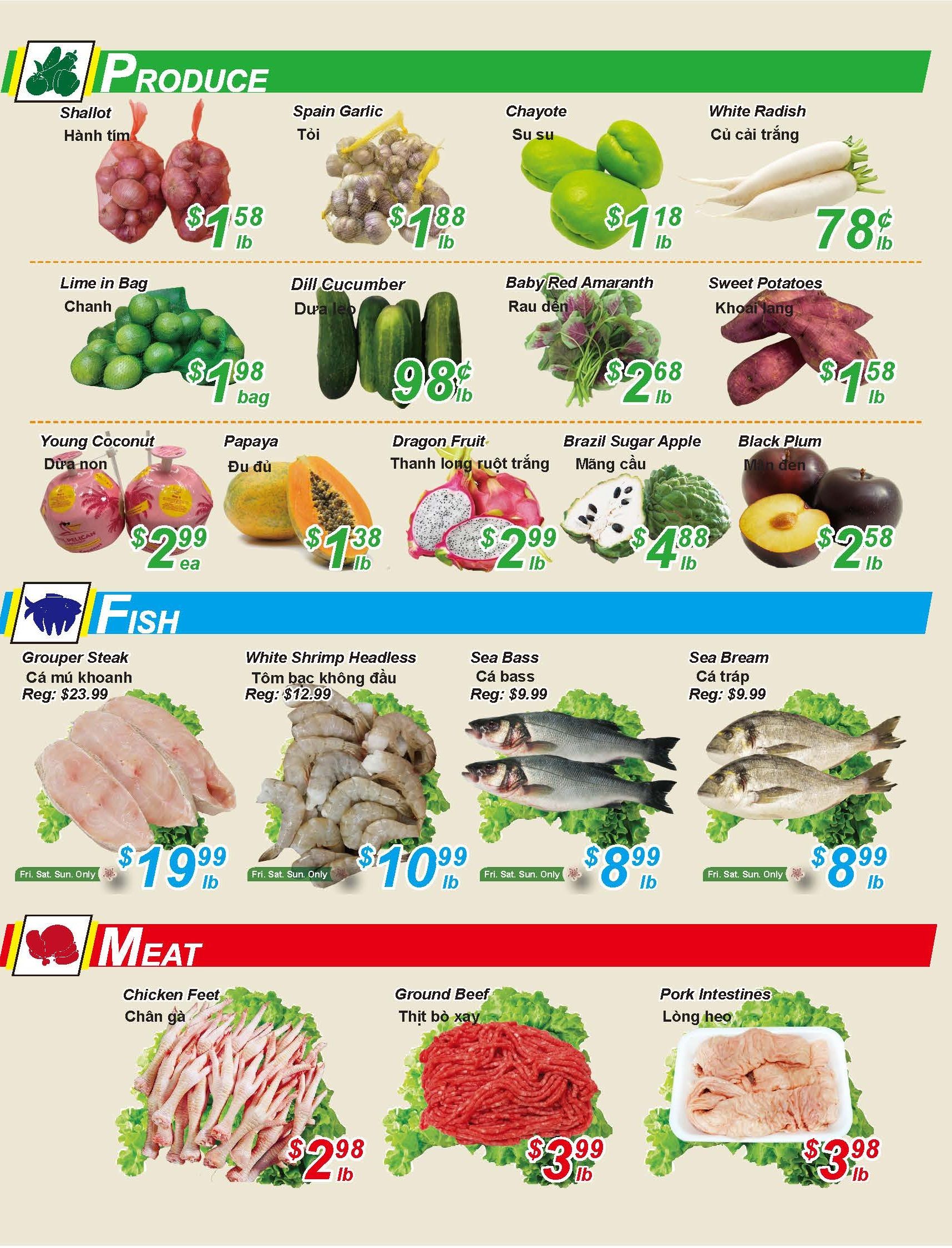 Golden Fresh Market weekly flyer specials page 3 features a variety of produce, fish, and meat. Produce highlights include Shallots for $1.58/lb, Spain Garlic for $1.88/lb, Chayote for $1.18/lb, White Radish for $0.78/lb, Lime in a Bag for $1.98/bag, Dill Cucumber for $0.98/lb, Baby Red Amaranth for $2.68/lb, Sweet Potatoes for $1.58/lb, Young Coconut for $2.99/ea, Papaya for $1.38/lb, Dragon Fruit for $2.99/lb, Brazil Sugar Apple for $4.88/lb, and Black Plum for $2.58/lb. Fish specials include Grouper Steak for $19.99/lb (Fri-Sun Only), White Shrimp Headless for $10.99/lb (Fri-Sun Only), Sea Bass for $8.99/lb (Fri-Sun Only), and Sea Bream for $8.99/lb (Fri-Sun Only). Meat deals feature Chicken Feet for $2.98/lb, Ground Beef for $3.99/lb, and Pork Intestines for $3.98/lb.