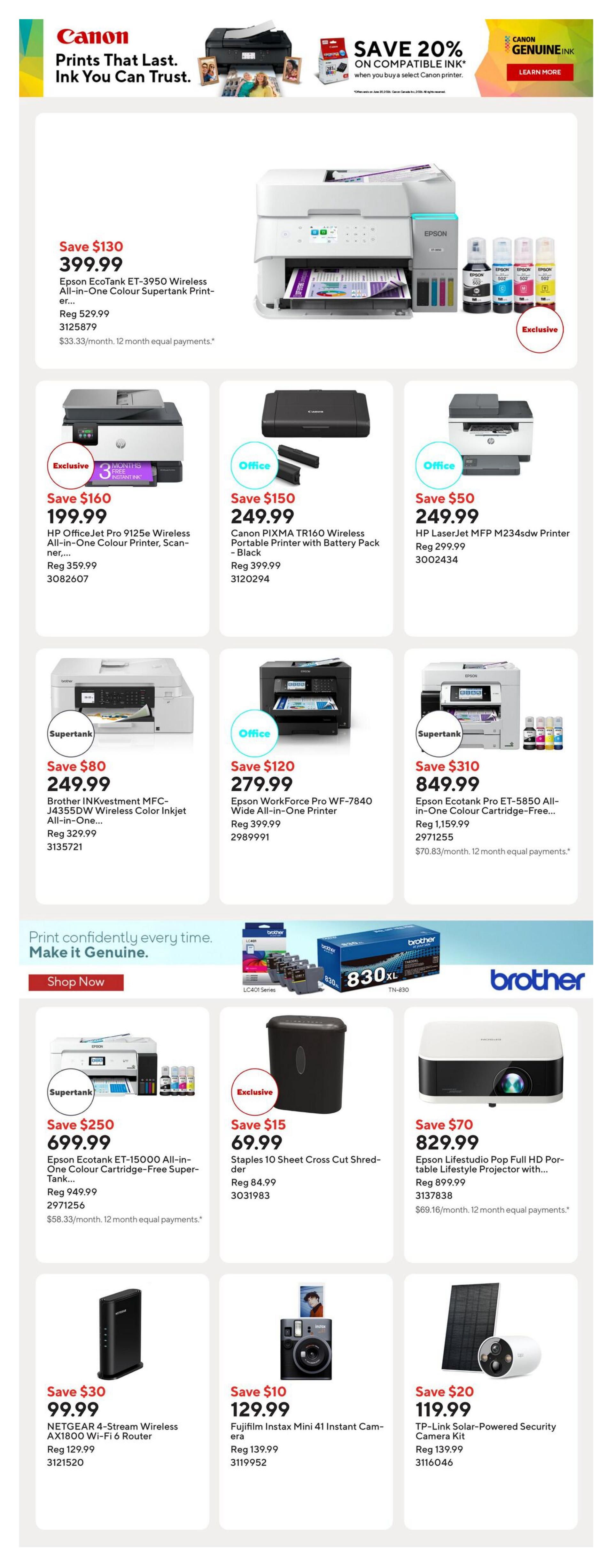 Staples Weekly Flyer Specials Page 4: Features Canon printers with savings up to $130 on the Epson EcoTank ET-3950 Wireless All-in-One Colour Supertank Printer, now $399.99 (Reg $529.99). Also available is the HP OfficeJet Pro 9125e Wireless All-in-One Colour Printer, Scanner for $199.99 (Reg $359.99), Canon PIXMA TR160 Wireless Portable Printer with Battery Pack for $249.99 (Reg $399.99), and HP LaserJet MFP M234sdw Printer for $249.99 (Reg $299.99). Other deals include the Brother INKvestment MFC-J4355DW Wireless Color Inkjet All-in-One for $249.99 (Reg $329.99), Epson WorkForce Pro WF-7840 Wide All-in-One Printer for $279.99 (Reg $399.99), and Epson EcoTank Pro ET-5850 All-in-One Colour Cartridge-Free Supertank Printer for $849.99 (Reg $1,159.99). Additionally, find the Epson EcoTank ET-15000 All-in-One Colour Cartridge-Free Supertank Printer for $699.99 (Reg $949.99). Other items on sale are the Staples 10 Sheet Cross Cut Shredder for $69.99 (Reg $84.99), Epson Lifestudio Pop Full HD Portable Lifestyle Projector for $829.99 (Reg $899.99), NETGEAR 4-Stream Wireless AX1800 Wi-Fi 6 Router for $99.99 (Reg $129.99), Fujifilm Instax Mini 41 Instant Camera for $129.99 (Reg $139.99), and TP-Link Solar-Powered Security Camera Kit for $119.99 (Reg $139.99).