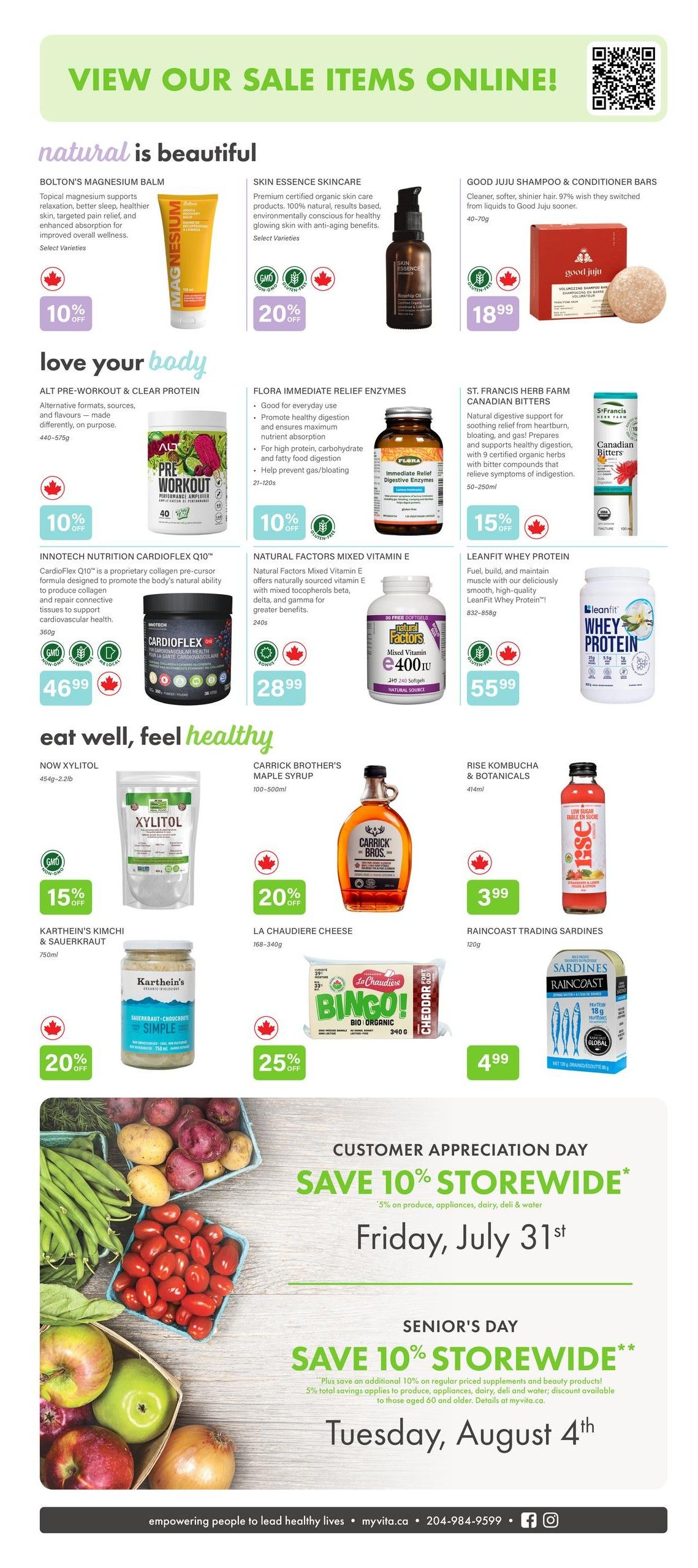 Vita Health Fresh Market flyer page 3 featuring health and wellness products. Top section includes Bolton's Magnesium Balm with 10% off, Skin Essence Skincare with 20% off, and Good Juju Shampoo & Conditioner Bars for $18.99. Below, find ALT Pre-Workout & Clear Protein with 10% off, Flora Immediate Relief Enzymes with 10% off, and St. Francis Herb Farm Canadian Bitters with 15% off. Also featured are Innotech Nutrition Cardioflex Q10 for $46.99, Natural Factors Mixed Vitamin E for $28.99, and Leanfit Whey Protein for $55.99. The 'eat well, feel healthy' section highlights Now Xylitol with 15% off, Carrick Brother's Maple Syrup with 20% off, and Rise Kombucha & Botanicals for $3.99. Additional items include Karthein's Kimchi & Sauerkraut with 20% off, La Chaudiere Cheese with 25% off, and Raincoast Trading Sardines for $4.99. The bottom of the page announces Customer Appreciation Day on Friday, July 31st with 10% storewide savings, and Senior's Day on Tuesday, August 4th with 10% storewide savings on regular priced supplements and beauty products.