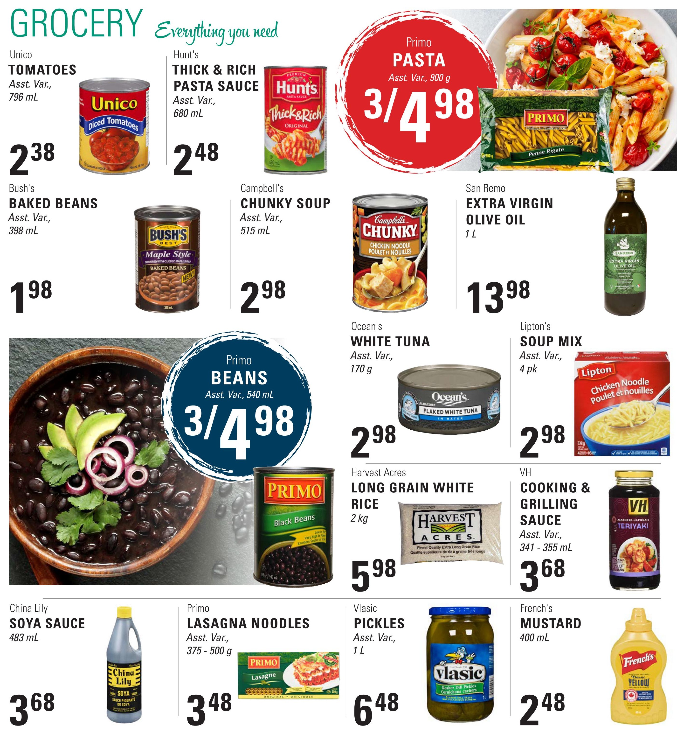 Askew's Foods grocery flyer page 2 featuring Unico Tomatoes for $2.38, Hunt's Thick & Rich Pasta Sauce for $2.48, Bush's Baked Beans for $1.98, Campbell's Chunky Soup for $2.98, San Remo Extra Virgin Olive Oil for $13.98, Primo Pasta (900 g) for 3 for $4.98, Ocean's White Tuna for $2.98, Lipton's Soup Mix (4 pk) for $2.98, Primo Beans (540 mL) for 3 for $4.98, Harvest Acres Long Grain White Rice (2 kg) for $5.98, VH Cooking & Grilling Sauce (341-355 mL) for $3.68, China Lily Soya Sauce (483 mL) for $3.68, Primo Lasagna Noodles (375-500 g) for $3.48, Vlasic Pickles (1 L) for $6.48, and French's Mustard (400 mL) for $2.48.