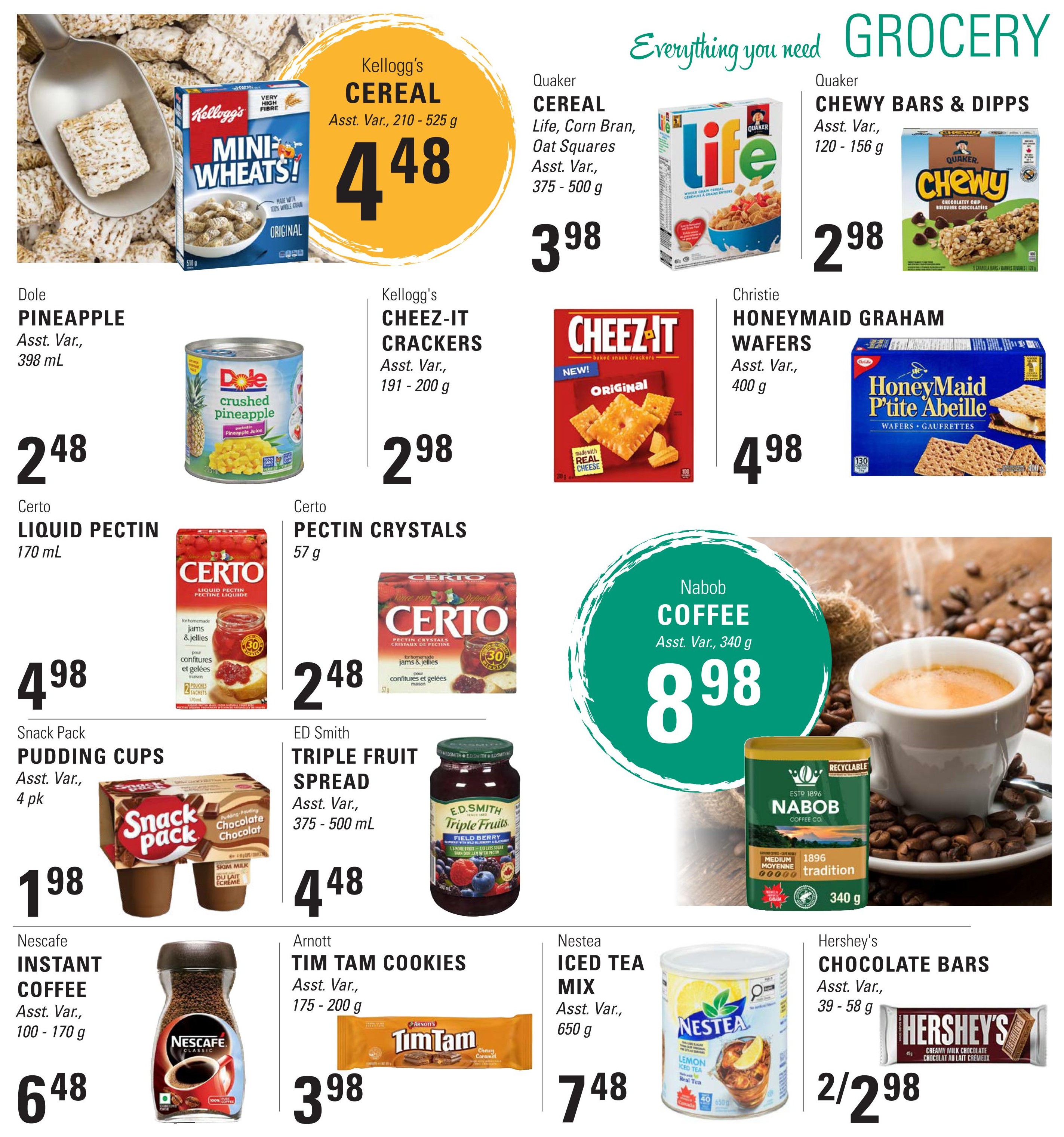 Askew's Foods weekly flyer specials page 3 features Kellogg's Cereal, including Mini Wheats, for $4.48. Quaker Cereal, such as Life, Corn Bran, and Oat Squares, is on sale for $3.98. Quaker Chewy Bars & Dips are available for $2.98. Christie Honeymead Graham Wafers are priced at $4.98. Dole Pineapple, 398 mL, costs $2.48. Certo Liquid Pectin, 170 mL, is $4.98, and Certo Pectin Crystals, 57 g, are $2.48. Kellogg's Cheez-It Crackers, 191-200 g, are $2.98. Snack Pack Pudding Cups, 4 pk, are $1.98. Ed Smith Triple Fruit Spread, 375-500 mL, is $4.48. Nabob Coffee, 340 g, is $8.98. Nescafe Instant Coffee, 100-170 g, is $6.48. Arnott Tim Tam Cookies, 175-200 g, are $3.98. Nestea Iced Tea Mix, 650 g, is $7.48. Hershey's Chocolate Bars, 39-58 g, are 2 for $2.98.