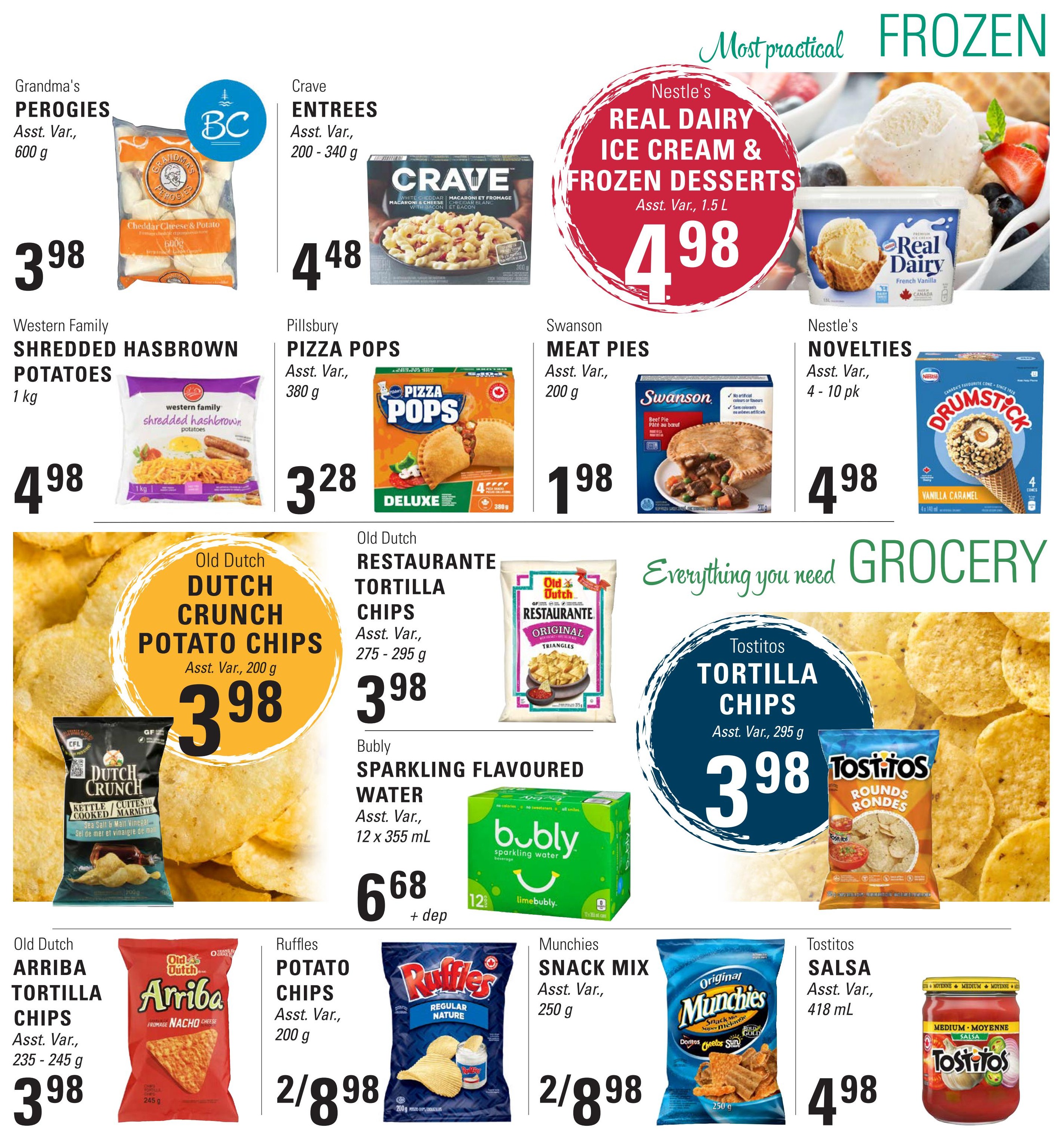 Askew's Foods weekly flyer specials page 9 features frozen and grocery items. Frozen deals include Grandma's Perogies for $3.98, Crave Entrees for $4.48, Nestle's Real Dairy Ice Cream & Frozen Desserts for $4.98, Western Family Shredded Hashbrown Potatoes for $4.98, Pillsbury Pizza Pops for $3.28, Swanson Meat Pies for $1.98, and Nestle's Novelties Drumstick cones for $4.98. Grocery specials include Old Dutch Dutch Crunch Potato Chips for $3.98, Old Dutch Restaurante Tortilla Chips for $3.98, Bubly Sparkling Flavoured Water 12x355mL for $6.68 plus deposit, Tostitos Tortilla Chips for $3.98, Old Dutch Arriba Tortilla Chips for $3.98, Ruffles Potato Chips for 2 for $8.98, Munchies Snack Mix for 2 for $8.98, and Tostitos Salsa for $4.98.