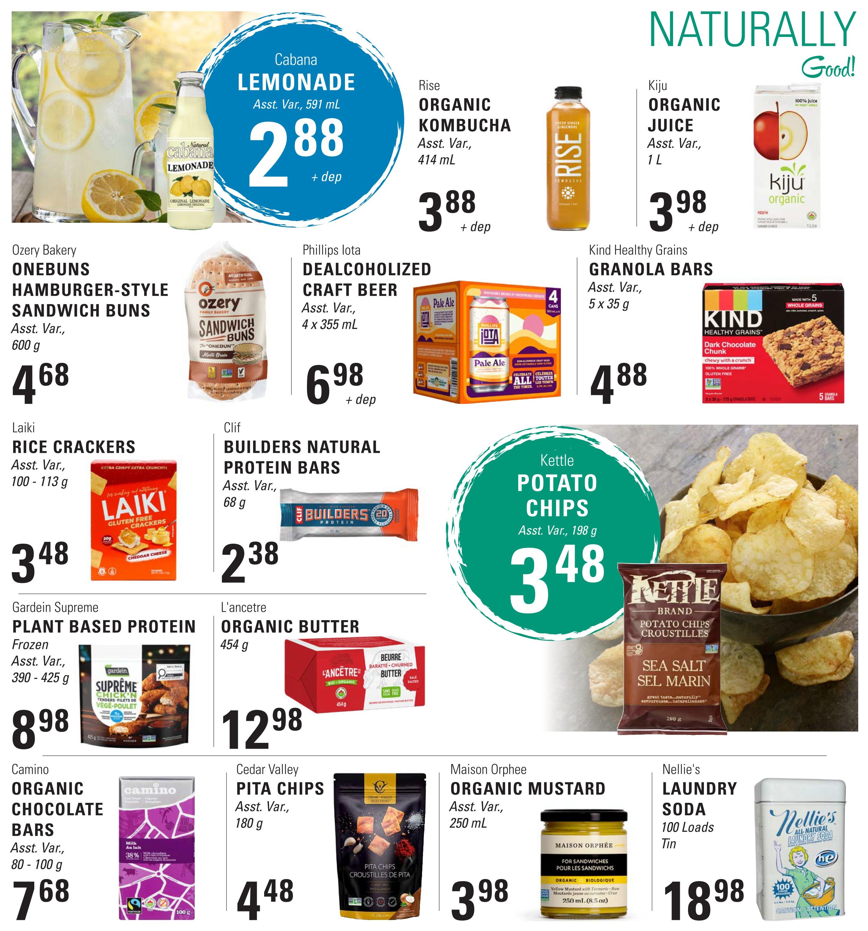 Askew's Foods weekly flyer specials page 11 features Cabana Lemonade for $2.88, Rise Organic Kombucha for $3.88, and Kiju Organic Juice for $3.98. Also on sale are Ozery Bakery Hamburger-Style Sandwich Buns for $4.68, Phillips Iota Dealcoholized Craft Beer 4-pack for $6.98, and Kind Healthy Grains Granola Bars 5-pack for $4.88. Laiki Rice Crackers are $3.48, Clif Builders Natural Protein Bars are $2.38, and Kettle Potato Chips are $3.48. Gardein Supreme Plant Based Protein is $8.98, L'ancetre Organic Butter is $12.98, Cedar Valley Pita Chips are $4.48, Camino Organic Chocolate Bars are $7.68, Maison Orphee Organic Mustard is $3.98, and Nellie's Laundry Soda is $18.98.