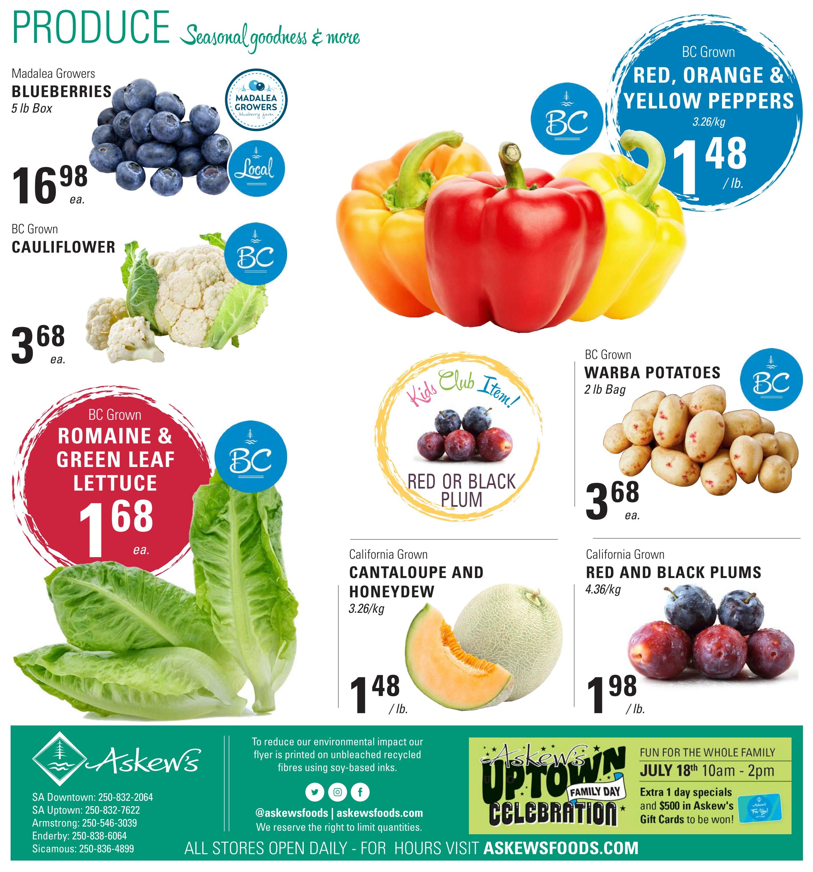 Askew's Foods weekly flyer specials page 12 features a variety of fresh produce. Madalea Growers Blueberries are available in a 5 lb box for $16.98 each. BC Grown Cauliflower is priced at $3.68 each. BC Grown Romaine & Green Leaf Lettuce is $1.68 each. BC Grown Red, Orange & Yellow Peppers are $1.48 per lb. BC Grown Warba Potatoes are in a 2 lb bag for $3.68 each. California Grown Cantaloupe and Honeydew are $1.48 per lb. California Grown Red and Black Plums are $1.98 per lb. The page also highlights a 'Kids Club Item!' for Red or Black Plum. At the bottom, Askew's Foods promotes their 'Uptown Family Day Celebration' on July 18th from 10 am to 2 pm, with extra 1-day specials and a chance to win $500 in Askew's Gift Cards.