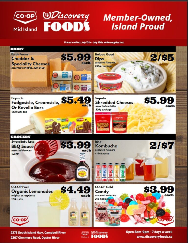 Discovery Foods weekly flyer specials page 3, featuring dairy and grocery items. On sale are Faith Farms Cheddar & Speciality Cheeses for $5.99 each, Heluva Good Dips for 2 for $5, and Popsicle Fudgesicle, Creamsicle, or Revello Bars for $5.49 each. Also featured are Saputo Shredded Cheeses for $5.99 each, Sweet Baby Rays BBQ Sauce for $3.99 each, and Rise Kombucha for 2 for $7. CO-OP Pure Organic Lemonades are $4.49 each, and CO-OP Gold Candy is $3.99 each. The flyer is valid from July 12th to July 18th.