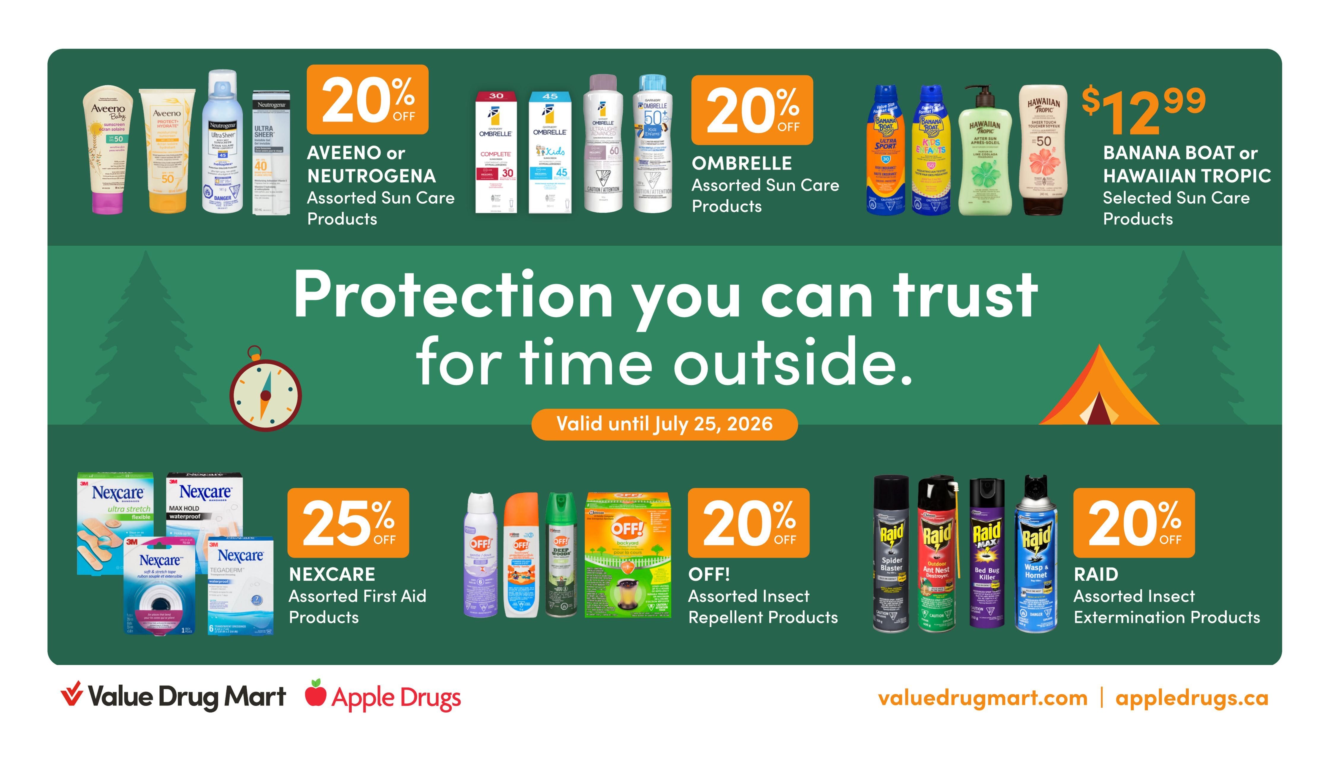 Value Drug Mart flyer specials page 2 features a variety of products. Gravol Selected Nausea Relief Products are on sale for $6.99. Caprina Assorted Skin Care Products and Justice Professional Assorted Hair Care Products are 25% off. Also featured are EOS Assorted Skin Care Products and Method Assorted Personal Care or Household Products, both with a 25% discount. Dentyne or Trident Assorted Gum 9's-14's are available for 2 for $3.00. Hershey Canada, Maynards, Sour Patch Kids, Twizzlers or Werther's Selected Candy is on special at 2 for $6.00. The flyer is valid from July 12 to July 25, 2026.