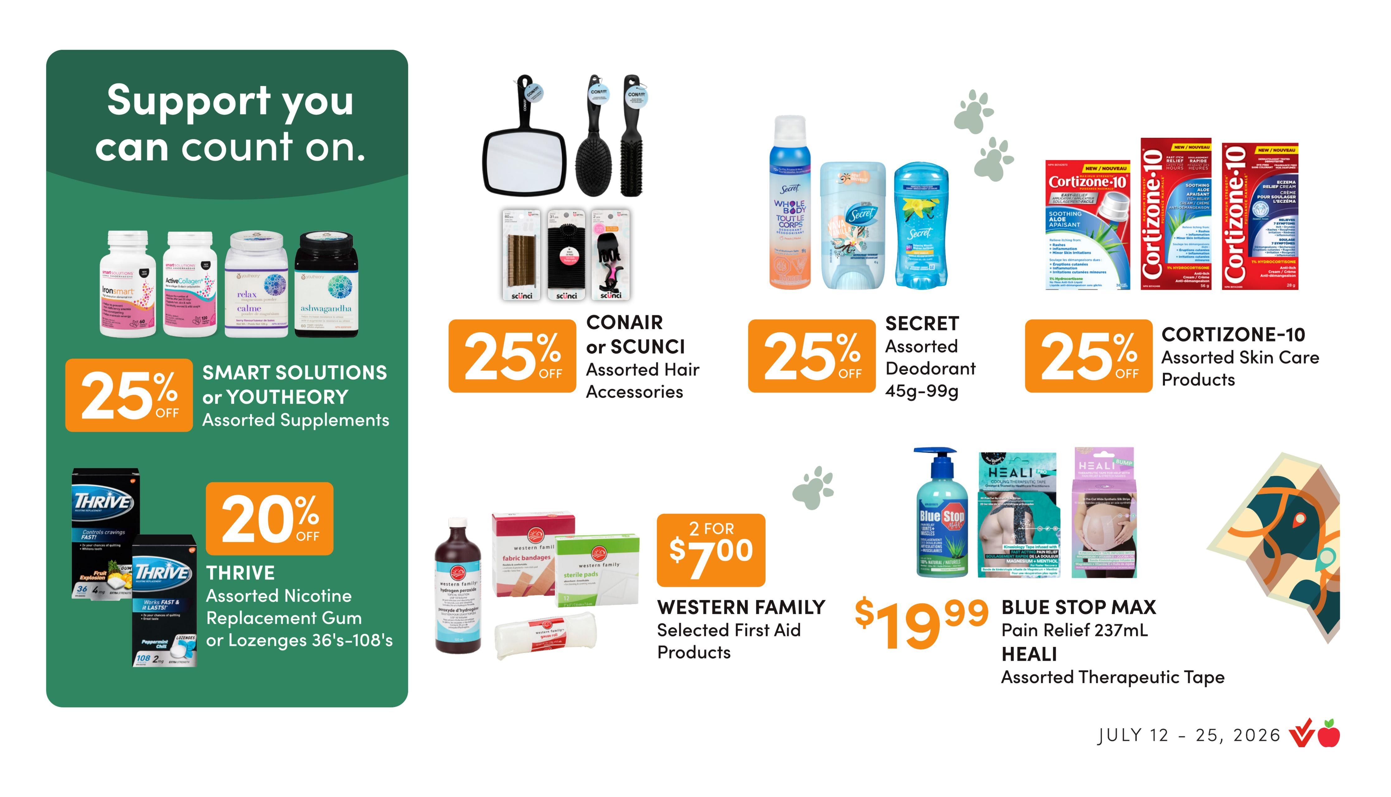 Value Drug Mart flyer page 4 features Western Family products. Get 2 for $3.00 on selected Western Family food or household items including sliced mushrooms, light tuna, rubber gloves, and sandwich bags. Western Family selected stomach aids are $9.99, including popular strength bismuth, stool softener, diarrhea relief tablets, and anti-nauseant tablets. Western Family 3 Day Ovule Therapy plus External Cream Combination Pack is $16.99. Western Family Complete or Triple Antibiotic Ointment 30g is $7.99. Western Family selected pain relief products are $6.99. Western Family Aluminum Foil 50ft or selected food items are $3.49. Western Family House Blend 793g or Dark Roast Coffee 908g is $24.99. This flyer is valid from July 12 to July 25, 2026.