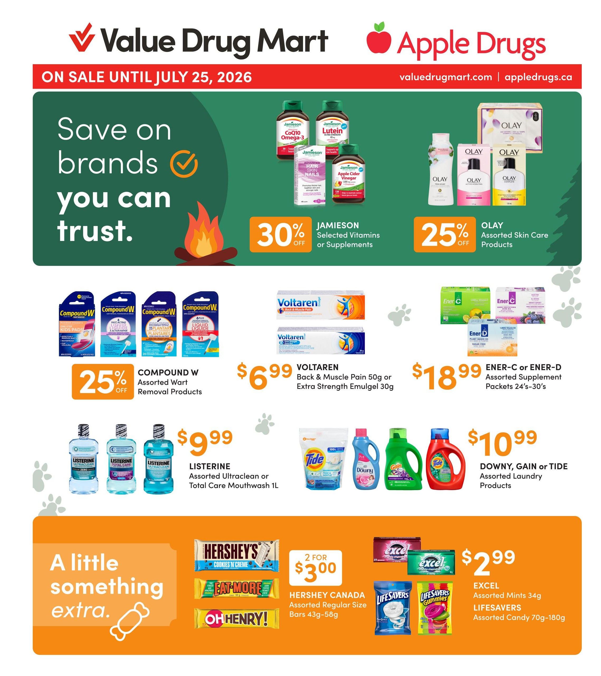 Value Drug Mart flyer specials page 1 features sun care and insect protection. Get 20% off Aveeno or Neutrogena assorted sun care products. Also, save 20% on Ombrelle assorted sun care products. Banana Boat or Hawaiian Tropic selected sun care products are $12.99. Save 25% on Nexcare assorted first aid products. OFF! assorted insect repellent products are 20% off. Raid assorted insect extermination products are also 20% off. All offers are valid until July 25, 2026.