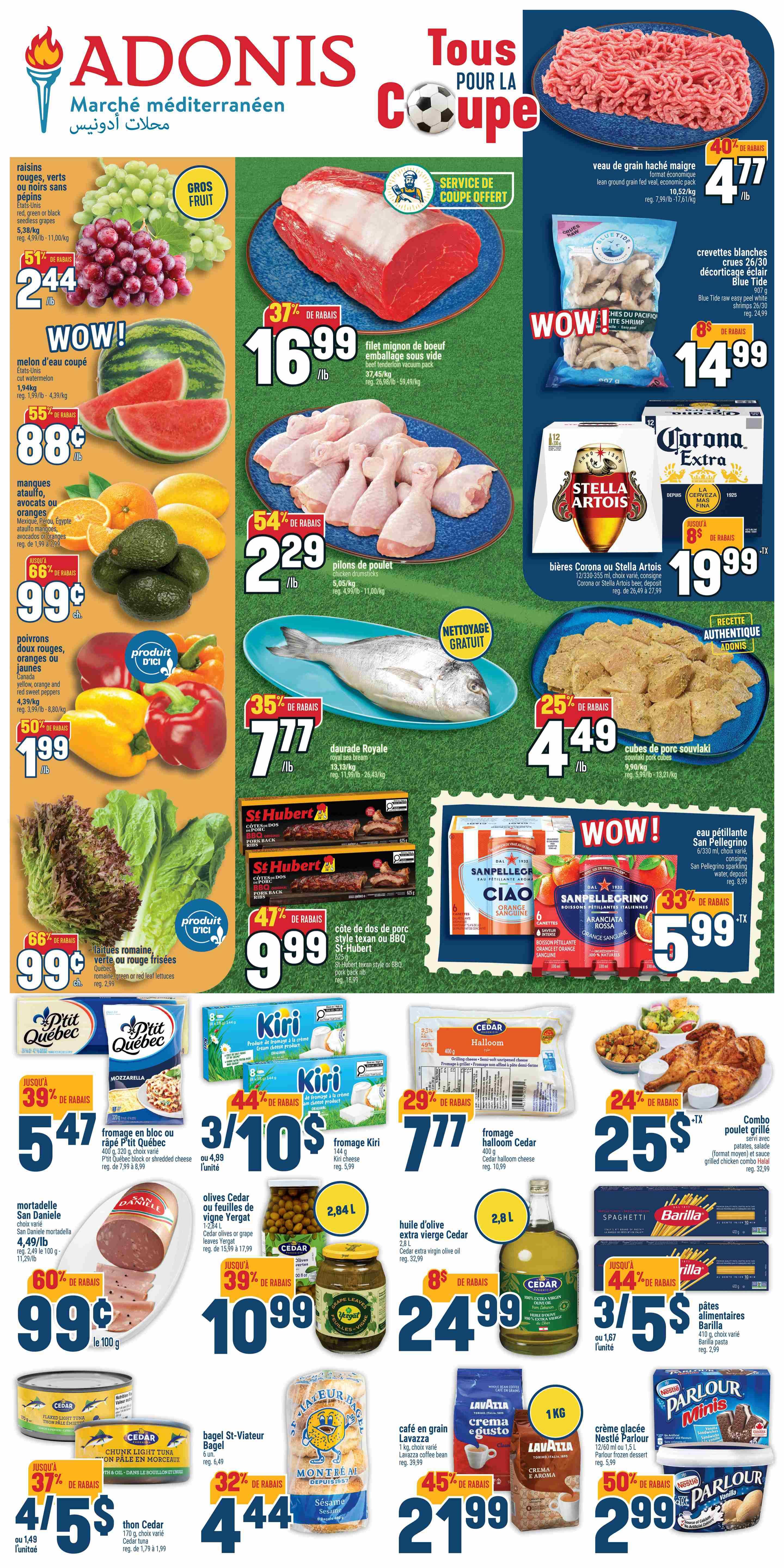 Adonis weekly flyer specials page 1 features a wide variety of products. Top deals include red, green, or black seedless grapes for $2.44/lb, sliced watermelon for $0.88/lb, and mangoes, avocados, or oranges for $0.99. Yellow, red, green, or orange bell peppers are on sale for $1.99/lb, and green or red leaf lettuces are 66% off at $0.99 each. Meat specials include lean ground beef for $4.77/lb, beef tenderloin vacuum pack for $16.99/lb, chicken drumsticks for $2.29/lb, and St-Hubert pork back ribs for $9.99/lb. Seafood offers include royal sea bream for $7.77/lb. Other featured items are Blue Tide raw easy peel white shrimp for $14.99, cubes of pork souvlaki for $4.49/lb, and a grilled chicken combo for $25.99. Beverages on sale include Stella Artois or Corona Extra beer for $19.99, and San Pellegrino sparkling water for $5.99. Dairy and cheese products include P'tit Québec block or shredded cheese for $5.47, Kiri cheese for 3 for $10, and Cedar Halloom cheese for $7.77. Deli options include San Daniele mortadella for $0.99/lb and Cedar tuna for 4 for $5. Pantry staples include Cedar olives or grape leaves for $10.99, extra virgin olive oil for $24.99, and Barilla pasta for 3 for $5. Breakfast items include St-Viatour bagels for $4.44, Lavazza coffee beans for $21.99, and Nectar Glacé Parlour frozen dessert for $2.99.