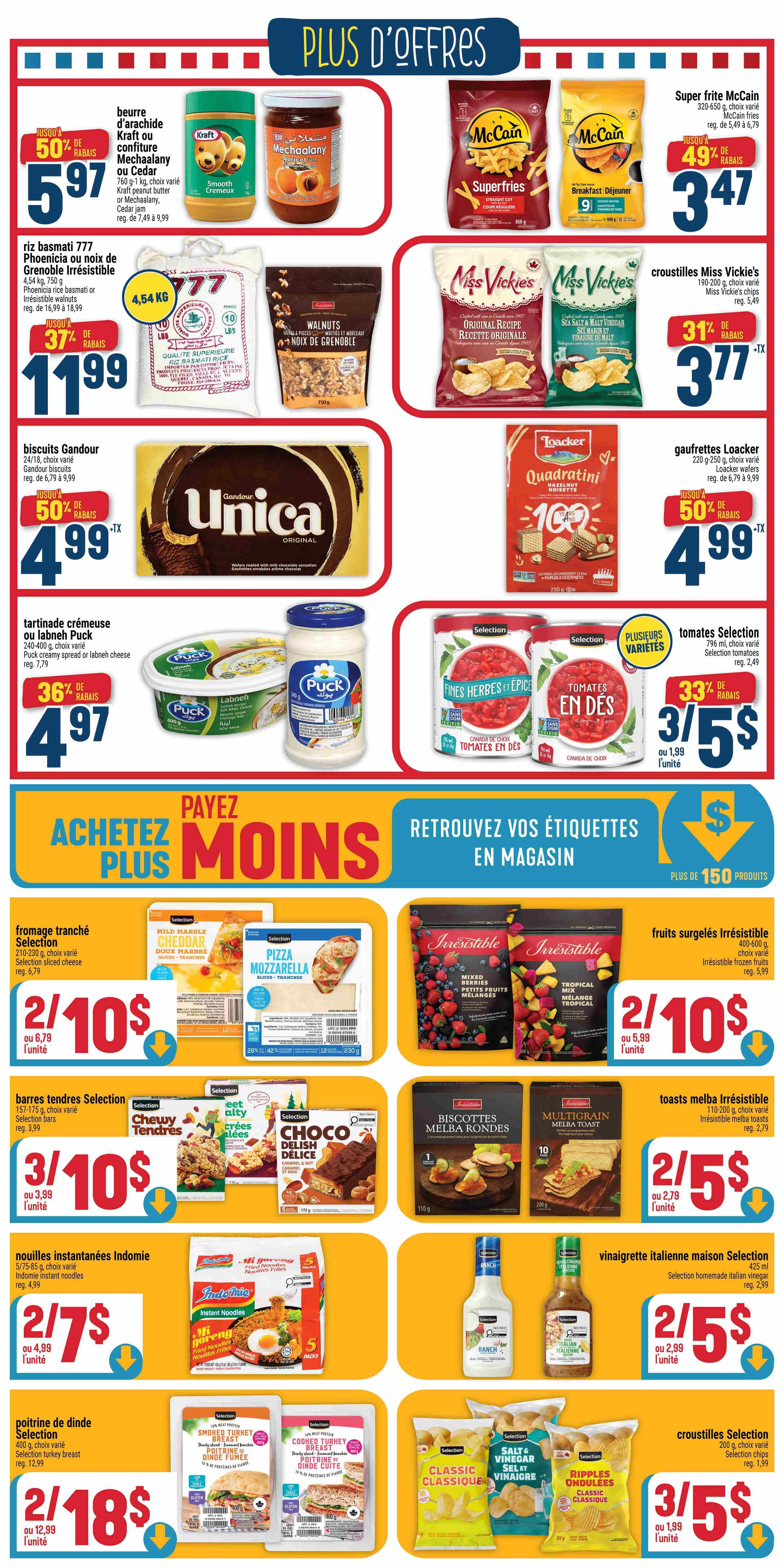 Adonis Weekly Flyer Specials Page 2 features a variety of products on sale. Top row includes Kraft peanut butter or Cedar jam for $5.97 (50% off), McCain Superfries or Breakfast fries for $3.47 (49% off), and Miss Vickie's chips for $3.77 (31% off). Middle row showcases 777 brand rice for $11.99 (37% off), walnuts for $4.99, Gandour biscuits for $4.99 (50% off), Loacker Quadratini wafers for $4.99 (50% off), and Selection diced tomatoes for 3 for $5 (33% off). Bottom section highlights Puck creamy spread or labneh cheese for $4.97 (36% off). Further down, find Selection sliced cheese for 2 for $10, Irresistible frozen fruits for 2 for $10, Selection bars for 3 for $10, Irresistible Melba toasts for 2 for $5, Indomie instant noodles for 2 for $7, homemade Italian vinaigrette for 2 for $5, Selection turkey breast for 2 for $18, and Selection chips for 3 for $5. The page also features a banner promoting 'Buy More, Save More' and 'Find Your Labels In Store'.