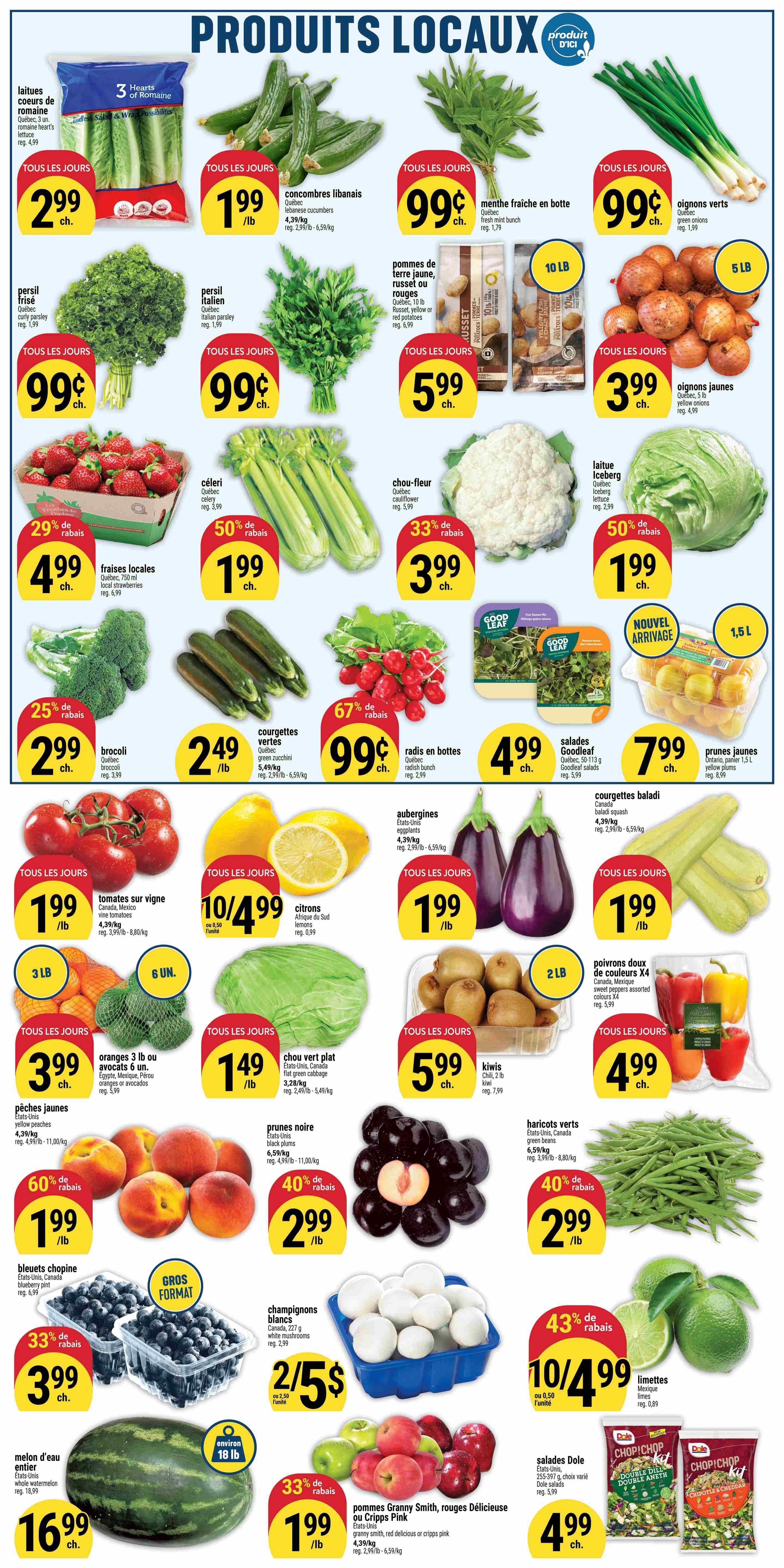 Adonis Weekly Flyer Specials Page 3 features a wide variety of fresh produce. Highlights include: Romaine lettuce hearts for $2.99 each, Lebanese cucumbers for $1.99/lb, fresh mint bunches for $0.99 each, and green onions for $0.99 each. Also available are: Parsley (fried and Italian) for $0.99 each, 10 lb bags of Russet, yellow or red potatoes for $5.99, and 5 lb bags of yellow onions for $3.99. Enjoy local strawberries for $4.99 (29% off), celery for $1.99 (50% off), and cauliflower for $3.99 (33% off). Other deals include broccoli for $2.99 (25% off), green zucchini for $2.49/lb, radish bunches for $0.99 (67% off), and Goodleaf salads for $4.99. Vine tomatoes from Canada/Mexico are $1.99/lb, lemons from Africa/South are $10/4.99, and yellow plums are $7.99. Get 3 lb bags of oranges or avocados for $3.99, flat green cabbage for $1.49/lb, eggplants for $1.99/lb, and kiwis for $5.99/lb. Yellow peaches are $1.99/lb (60% off), black plums are $2.99/lb (40% off), and green beans are $2.99/lb (40% off). Large blueberries are $3.99 (33% off), white mushrooms are 2 for $5, and whole watermelons are $16.99. Granny Smith or Cripps Pink apples are $1.99/lb (33% off), and Dole salads are $4.99. Peppers are $4.99.