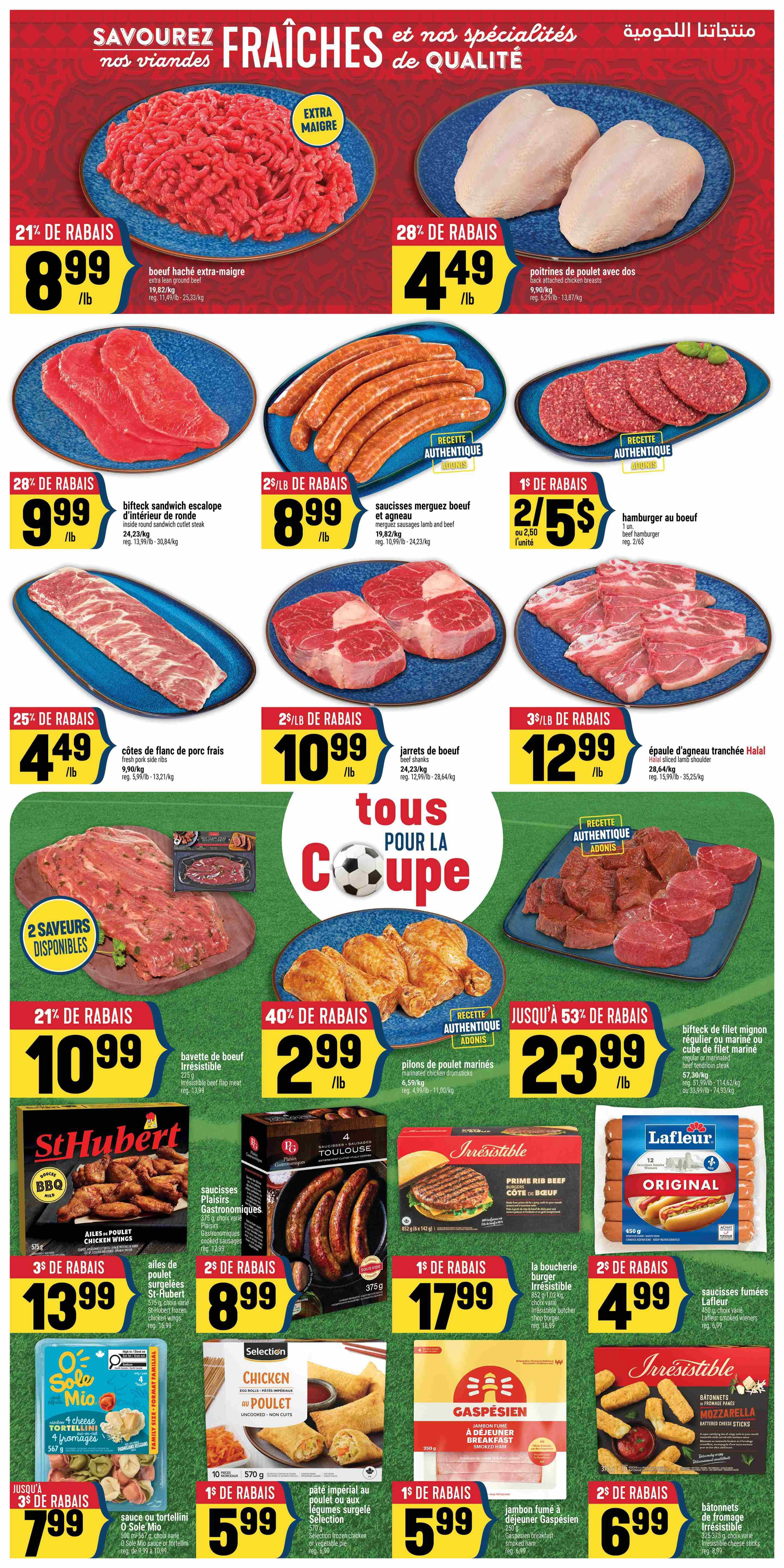 Adonis Weekly Flyer Specials Page 4 features a variety of meat products and prepared foods. Highlights include extra lean ground beef for $8.99/lb, chicken breast for $4.49/lb, and inside round sandwich cutlet steak for $9.99/lb. Also featured are pork side ribs for $4.49/lb, beef shanks for $10.99/lb, and Halal sliced lamb shoulder for $12.99/lb. Other specials include beef burgers for $2/5, beef sausages for $8.99/lb, and beef tenderloin or cube steak for $23.99/lb. Prepared foods include St-Hubert chicken wings for $13.99, marinated chicken drumsticks for $2.99/lb, Toulouse sausages for $8.99, Irresistible prime rib beef burgers for $17.99, Lafleur original hot dogs for $4.99, Sole Mio tortellini for $7.99, Selection chicken or vegetable egg rolls for $5.99, and Gaspésien smoked ham for $5.99. The page also has a soccer-themed graphic with the text 'Tous pour la Coupe' (All for the Cup).