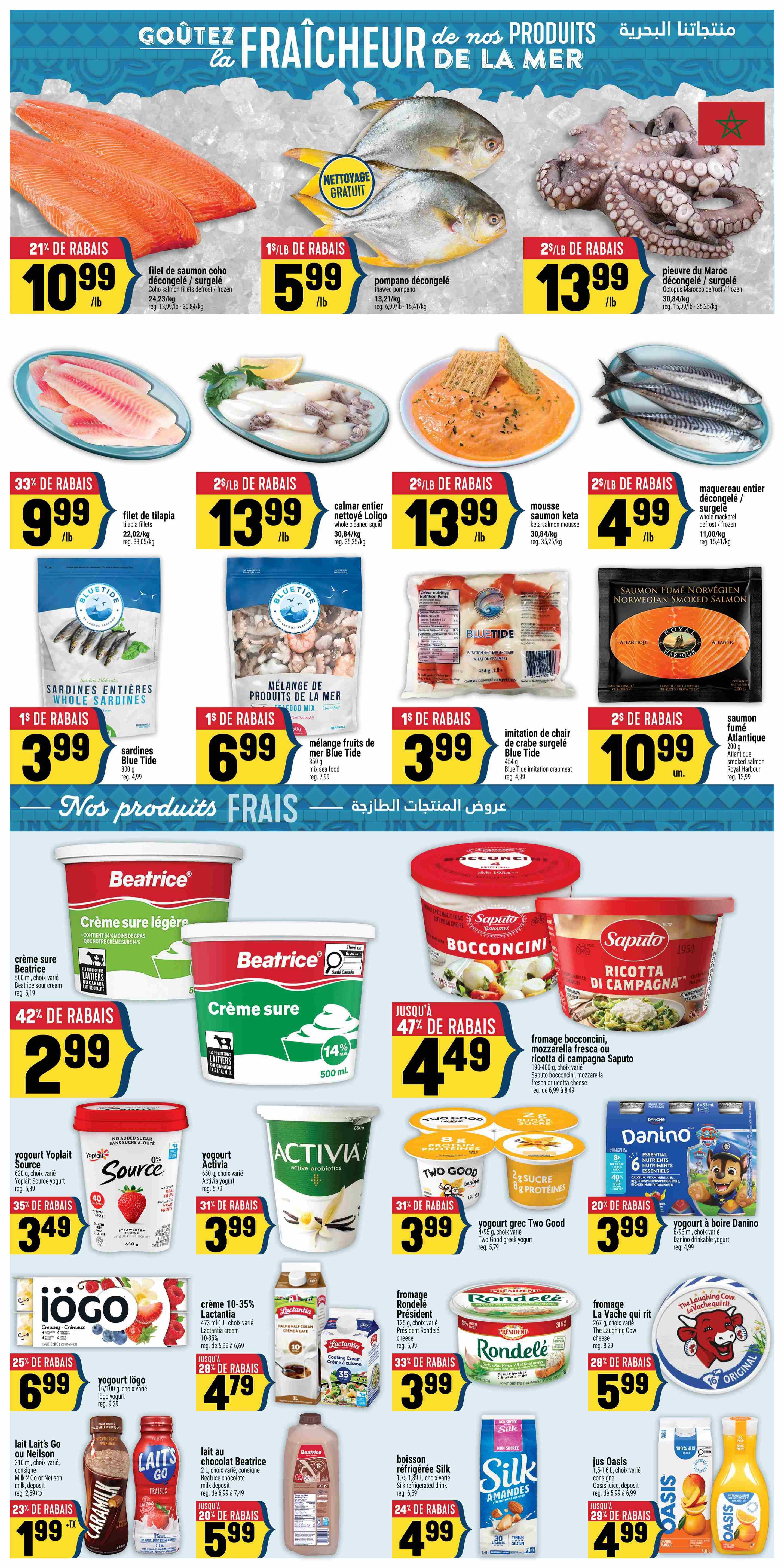 Adonis Weekly Flyer Specials Page 5 features a wide selection of fresh and frozen seafood and dairy products. Highlights include Coho salmon fillets at $10.99/lb with 21% off, frozen pompano at $5.99/lb with 1 lb of savings, and Moroccan octopus at $13.99/lb with 2 lb of savings. Also available are tilapia fillets for $9.99/lb (33% off), whole cleaned squid for $13.99/lb (2 lb of savings), and keta salmon mousse for $13.99/lb (2 lb of savings). Blue Tide whole sardines are $3.99 (1 lb of savings), Blue Tide mixed seafood is $6.99 (1 lb of savings), and Blue Tide imitation crabmeat is $3.99 (1 lb of savings). Royal Harbour Atlantic salmon is $10.99 each (2 lb of savings). Beatrice sour cream is $2.99 (42% off), and Saputo bocconcini and ricotta di campagna are $4.49 (up to 47% off). Featured yogurts include Yoplait Source for $3.49 (35% off), Activia for $3.99 (31% off), and Two Good Greek yogurt for $3.99 (31% off). Danino yogurt is $3.99 (20% off). Lactantia cream cheese is $4.79 (up to 28% off). President Rondelé cheese is $3.99 (33% off), and The Laughing Cow cheese is $5.99 (28% off). Other items include iögo yogurt for $6.99 (25% off), Laits Go or Neilson chocolate milk for $1.99 (23% off), Beatrice chocolate milk for $5.99 (up to 20% off), Silk almond beverage for $4.99 (24% off), and Oasis juice for $4.99 (29% off).