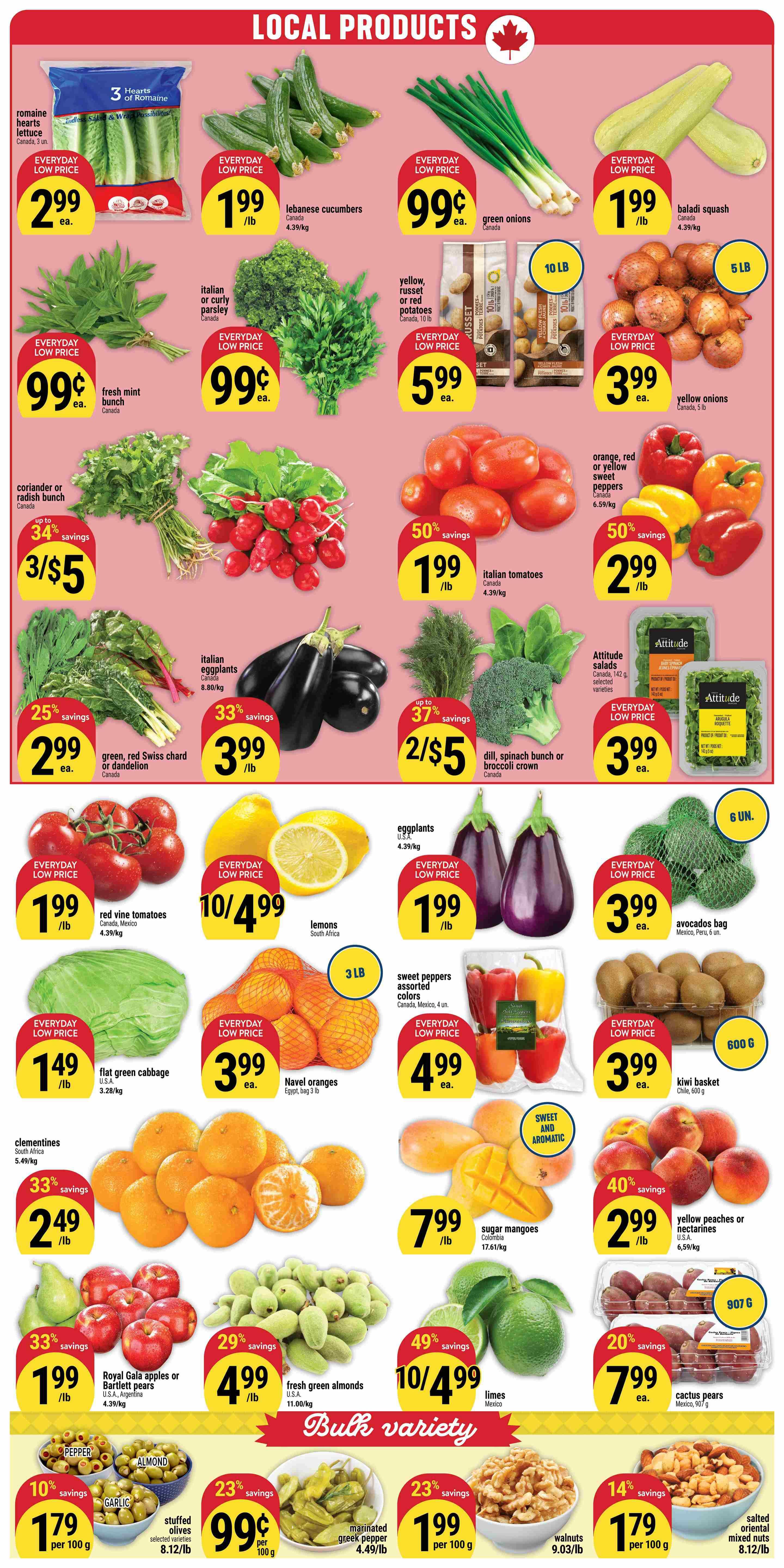 Adonis Ontario weekly flyer specials page 2 features local produce. Highlights include 3 Hearts of Romaine lettuce for $2.99 each, Lebanese cucumbers for $1.99/lb, green onions for $0.99 each, and Baladi squash for $1.99/lb. Also available are fresh mint bunches for $0.99 each, Italian or curly parsley for $0.99 each, yellow, russet or red potatoes (10 lb bag) for $5.99 each, and yellow onions (5 lb bag) for $3.99 each. Find coriander or radish bunches at 3 for $5 with up to 34% savings. Italian tomatoes are $1.99/lb with 50% savings, and orange, red or yellow sweet peppers are $2.99/lb with 50% savings. Green, red Swiss chard or dandelion is $2.99 each with 25% savings. Italian eggplants are $3.99/lb with 33% savings. Dill, spinach bunch or broccoli crown is 2 for $5 with up to 37% savings. Attitude salads are $3.99 each. Red vine tomatoes are $1.99/lb. Lemons are $10/4.99. Eggplants are $1.99/lb. Avocados bag (6 units) is $3.99 each. Flat green cabbage is $1.49/lb. Navel oranges (3 lb bag) are $3.99 each. Sweet peppers assorted colors are $4.99 each. Kiwi basket (600g) is $3.99 each. Clementines are $2.49/lb with 33% savings. Sugar mangoes are $7.99/lb. Yellow peaches or nectarines are $2.99/lb with 40% savings. Royal Gala apples or Bartlett pears are $1.99/lb with 33% savings. Fresh green almonds are $4.99/lb with 29% savings. Limes are 10 for $4.99 with 49% savings. Cactus pears (907g) are $7.99 each with 20% savings. Bulk variety section includes stuffed olives for $1.79 per 100g with 10% savings, marinated greek pepper for $1.99 per 100g with 23% savings, and salted oriental mixed nuts for $1.79 per 100g with 14% savings.
