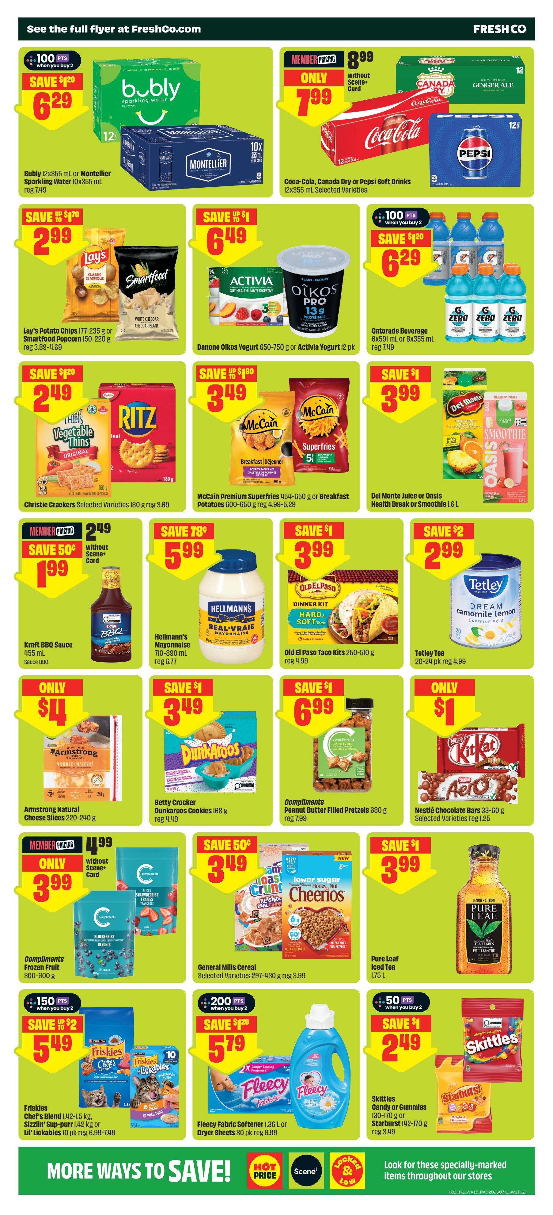 FreshCo Alberta weekly flyer specials page 4. Featured deals include Bubly sparkling water or Montellier sparkling water 12x355 mL for $6.29, saving $1.20. Coca-Cola, Canada Dry or Pepsi soft drinks 12x355 mL are $7.99 with Scene+ card, saving $1.00. Lay's potato chips 177-235 g or Smartfood popcorn 150-220 g are $2.99, saving $1.00. Danone Oikos yogurt 650-750 g or Activia yogurt 12 pk are $6.49, saving $1.00. Gatorade beverage 6x591 mL or 8x355 mL are $6.29, saving $1.20. Christie crackers selected varieties 180 g are $2.49, saving $1.20. McCain premium superfries 454-650 g or breakfast potatoes 600-650 g are $3.49, saving $1.80. Del Monte juice or Oasis health break or smoothie 1.6 L are $3.99. Kraft BBQ sauce 455 mL is $1.99, saving $0.50 with Scene+ card. Hellmann's mayonnaise 710-890 mL is $5.99, saving $0.78. Old El Paso taco kits 250-510 g are $3.99, saving $1. Tetley tea 20-24 pk is $2.99, saving $2. Armstrong natural cheese slices 220-240 g are $4.00. Betty Crocker Dunkaroos cookies 168 g are $3.49, saving $1. Compliments peanut butter filled pretzels 680 g are $6.99, saving $1. Nestlé chocolate bars 33-60 g selected varieties are $1.25. Compliments frozen fruit 300-600 g are $3.99. General Mills cereal selected varieties 297-430 g are $3.99, saving $1. Pure Leaf iced tea 1.75 L. Friskies Chef's Blend 1.42-1.5 kg, Sizzlin' Sup-purr! 1.42 kg or Lil' Lickables 10 pk are $5.49, saving $2 with 100 pts when you buy 2. Fleecy fabric softener 1.36 L or dryer sheets 80 pk are $5.79, saving $1.20 with 200 pts when you buy 2. Skittles candy or gummies 130-170 g or Starburst 142-170 g are $2.49, saving $1 with 50 pts when you buy 2.