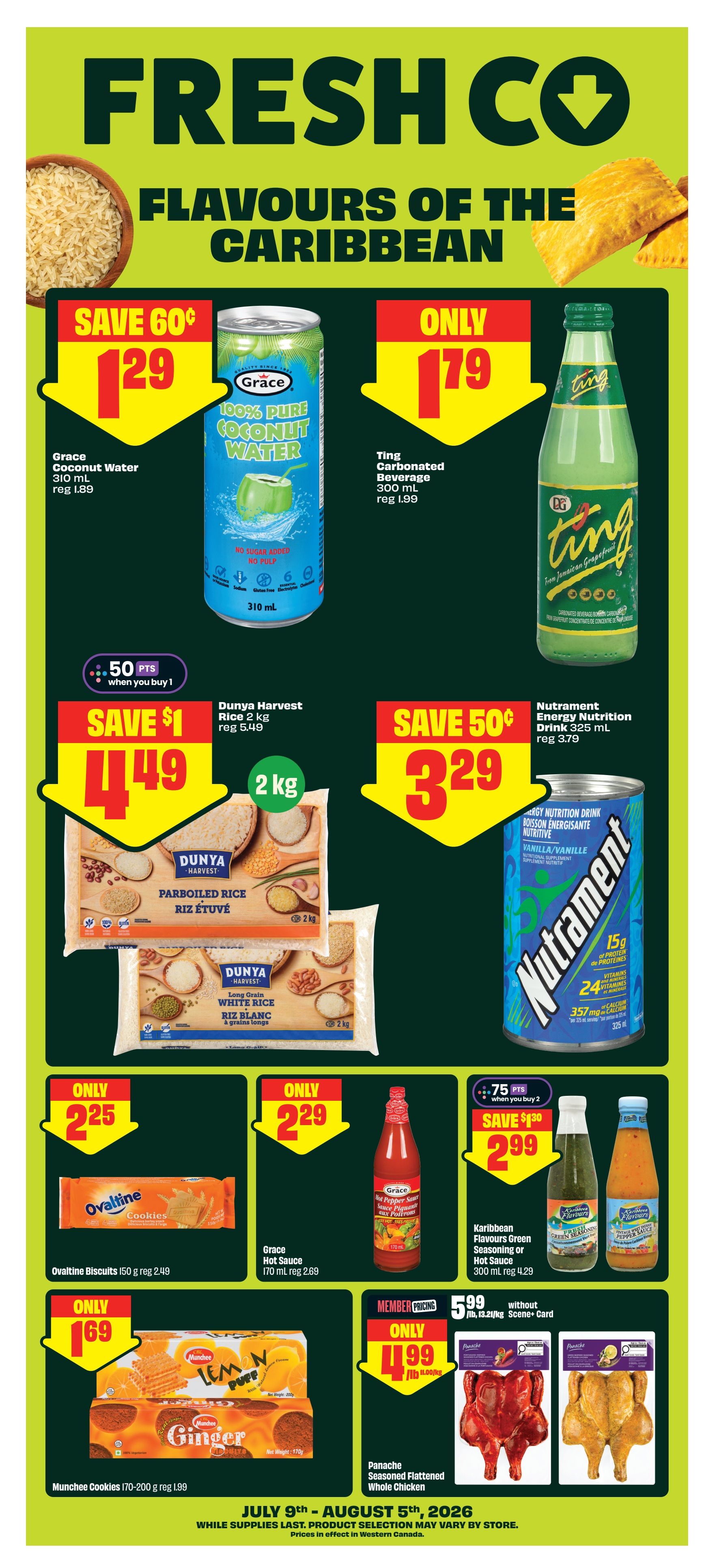 FreshCo weekly flyer specials page 5, featuring 'Flavours of the Caribbean'. Deals include Grace Coconut Water for $1.29 (save 60¢), Ting Carbonated Beverage for $1.79, Dunya Harvest Parboiled Rice and Long Grain White Rice 2 kg bags for $4.49 (save $1) with 50 bonus points when you buy 1. Nutrament Energy Nutrition Drink 325 mL is $3.29 (save 50¢). Ovaltine Biscuits 150 g are $2.25. Grace Hot Sauce 170 mL is $2.29. Buy 2 Karibbean Flavours Green Seasoning or Hot Sauce 300 mL for $2.99 (save $1.30, 75 bonus points). Munchie Cookies 170-200 g are $1.69. Panache Seasoned Flattened Whole Chicken is $4.99/lb with Scene+ Card member pricing. Sale valid July 9th - August 5th, 2026, while supplies last. Prices effective in Western Canada.