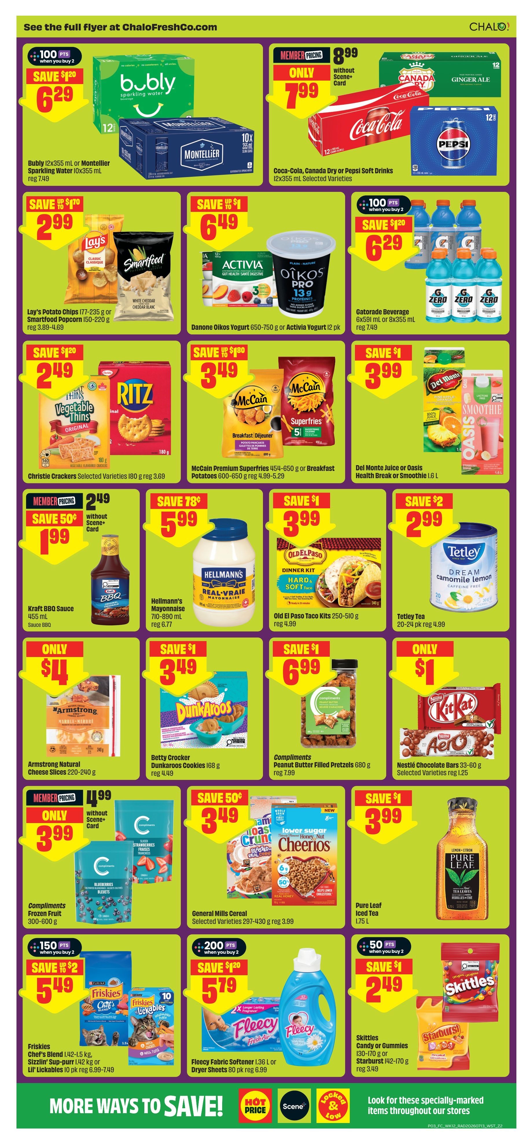 FreshCo flyer page 4 features a variety of grocery and household items on sale. Save $1.20 on Bubly or Montellier Sparkling Water 12x355 mL, now $6.29. Coca-Cola, Canada Dry or Pepsi Soft Drinks 12x355 mL are $7.99 with Scene+ Card. Lay's Potato Chips 177-235 g or Smartfood Popcorn 150-220 g are $2.99. Danone Oikos Yogurt 650-750 g or Activia Yogurt 12 pk are $6.49. Gatorade Beverage 6x591 mL or 8x355 mL is $6.29 when you buy 2, earning 100 points. Christie Crackers Selected Varieties 180 g are $2.49. McCain Premium Superfries 454-650 g or Breakfast Potatoes 600-650 g are $3.49. Del Monte Juice or Oasis Health Break or Smoothie 1.6 L are $3.99. Kraft BBQ Sauce 455 mL is $1.99 with Scene+ Card. Hellmann's Mayonnaise 710-890 mL is $5.99. Old El Paso Taco Kits 250-510 g are $3.99. Tetley Tea 20-24 pk is $2.99. Armstrong Natural Cheese Slices 220-240 g are $4. Betty Crocker Dunkaroos Cookies 168 g are $3.49. Compliments Peanut Butter Filled Pretzels 680 g are $6.99. Nestlé Chocolate Bars 33-60 g are $1.25. Compliments Frozen Fruit 300-600 g are $3.99 with Scene+ Card. General Mills Cereal Selected Varieties 297-430 g are $3.99. Pure Leaf Iced Tea 1.75 L is $3.99. Friskies Chef's Blend 1.42-1.5 kg, Sizzlin' Sup-purr 1.42 kg or Lil' Lickables 10 pk are $5.49 when you buy 2, earning 150 points. Fleecy Fabric Softener 1.38 L or Dryer Sheets 80 pk are $5.79 when you buy 2, earning 200 points. Skittles Candy or Gummies 130-170 g or Starburst 142-170 g are $2.49 when you buy 2, earning 50 points.
