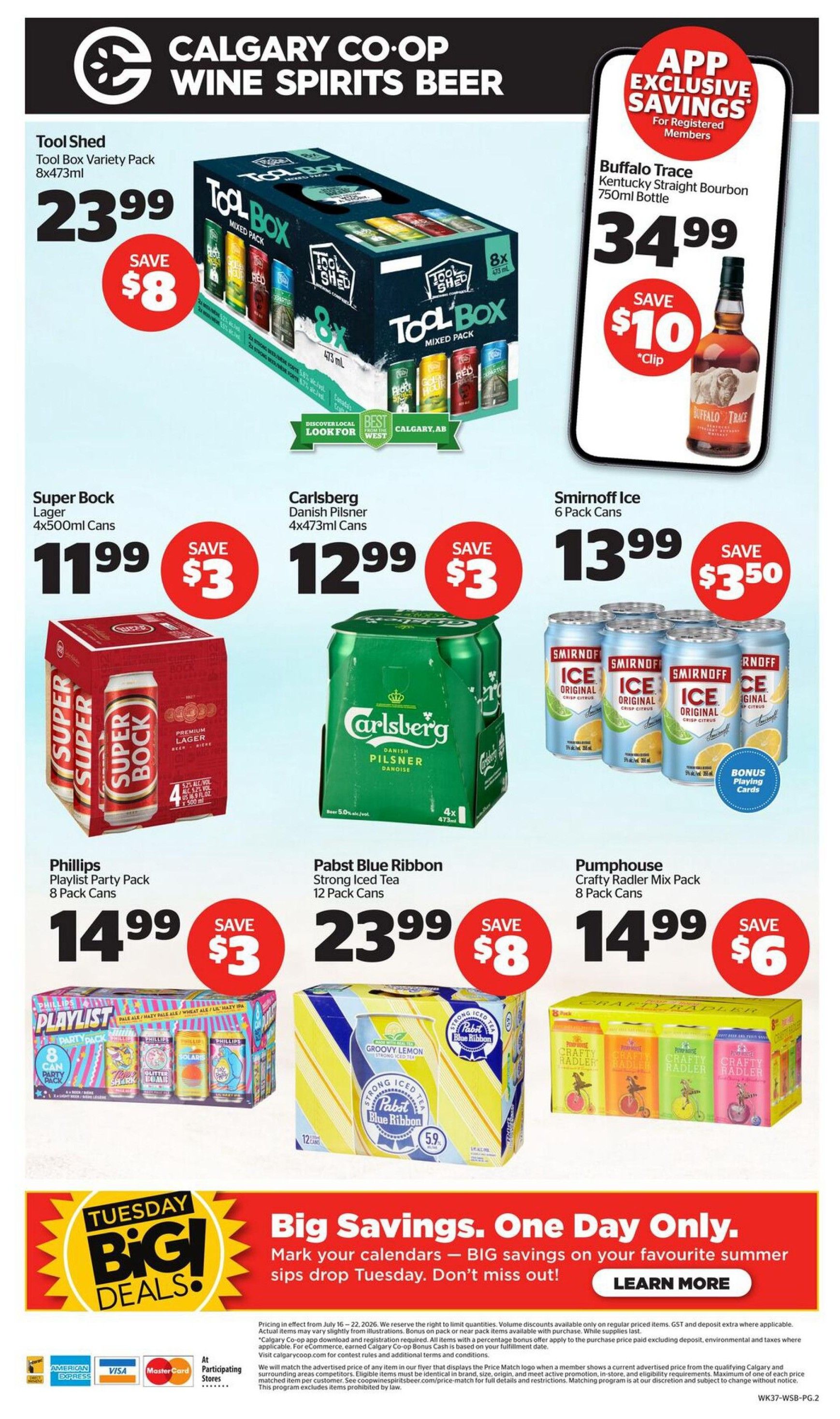 Calgary Co-op Wine Spirits Beer flyer, page 2. Featured products include Tool Shed Tool Box Variety Pack 8x473ml for $23.99, saving $8. Buffalo Trace Kentucky Straight Bourbon 750ml bottle is available for $34.99 with app exclusive savings of $10. Super Bock Lager 4x500ml cans are $11.99, saving $3. Carlsberg Danish Pilsner 4x473ml cans are $12.99, saving $3. Smirnoff Ice 6 Pack Cans are $13.99, saving $3.50, with bonus playing cards. Phillips Playlist Party Pack 8 Pack Cans are $14.99, saving $3. Pabst Blue Ribbon Strong Iced Tea 12 Pack Cans are $23.99, saving $8. Pumphouse Crafty Radler Mix Pack 8 Pack Cans are $14.99, saving $6. The bottom section highlights Tuesday Big Deals with savings on favourite summer sips.