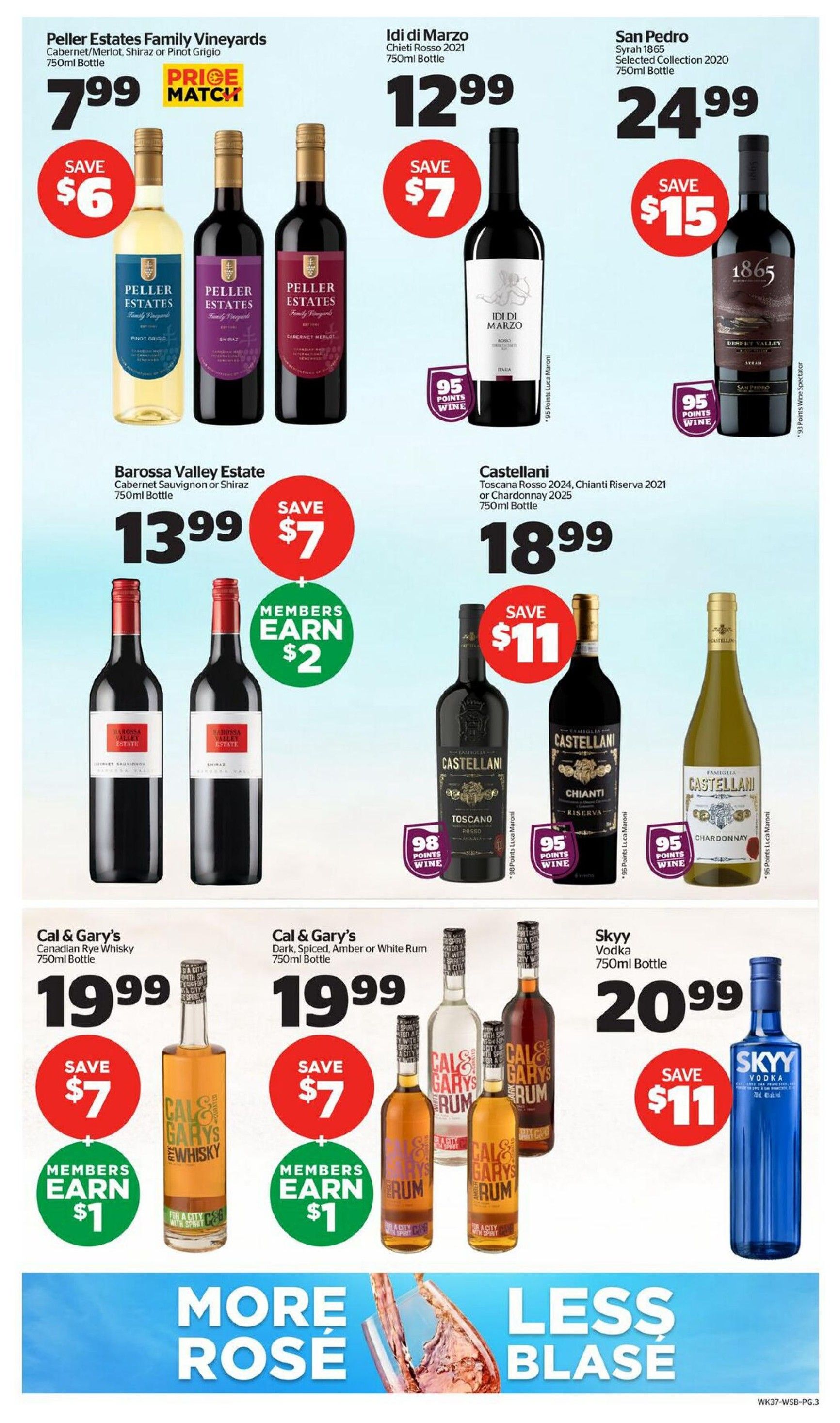 Calgary Co-op Wine Spirits Beer flyer, page 3. Featured products include Peller Estates Family Vineyards Cabernet/Merlot, Shiraz or Pinot Grigio 750ml bottle for $7.99, save $6. I D I di Marzo Chietti Rosso 2021 750ml bottle for $12.99, save $7, with 95 points for wine. San Pedro Syrah 1865 Selected Collection 2020 750ml bottle for $24.99, save $15, with 95 points for wine. Barossa Valley Estate Cabernet Sauvignon or Shiraz 750ml bottle for $13.99, save $7, members earn $2. Castellani Toscana Rosso 2024, Chianti Riserva 2021 or Chardonnay 2025 750ml bottle for $18.99, save $11, with 98 points for wine (Toscano) and 95 points for wine (Chianti and Chardonnay). Cal & Gary's Canadian Rye Whisky 750ml bottle for $19.99, save $7, members earn $1. Cal & Gary's Dark, Spiced, Amber or White Rum 750ml bottle for $19.99, save $7, members earn $1. Skyy Vodka 750ml bottle for $20.99, save $11. The bottom of the page features 'More Rosé' and 'Less Blasé' with imagery of wine.