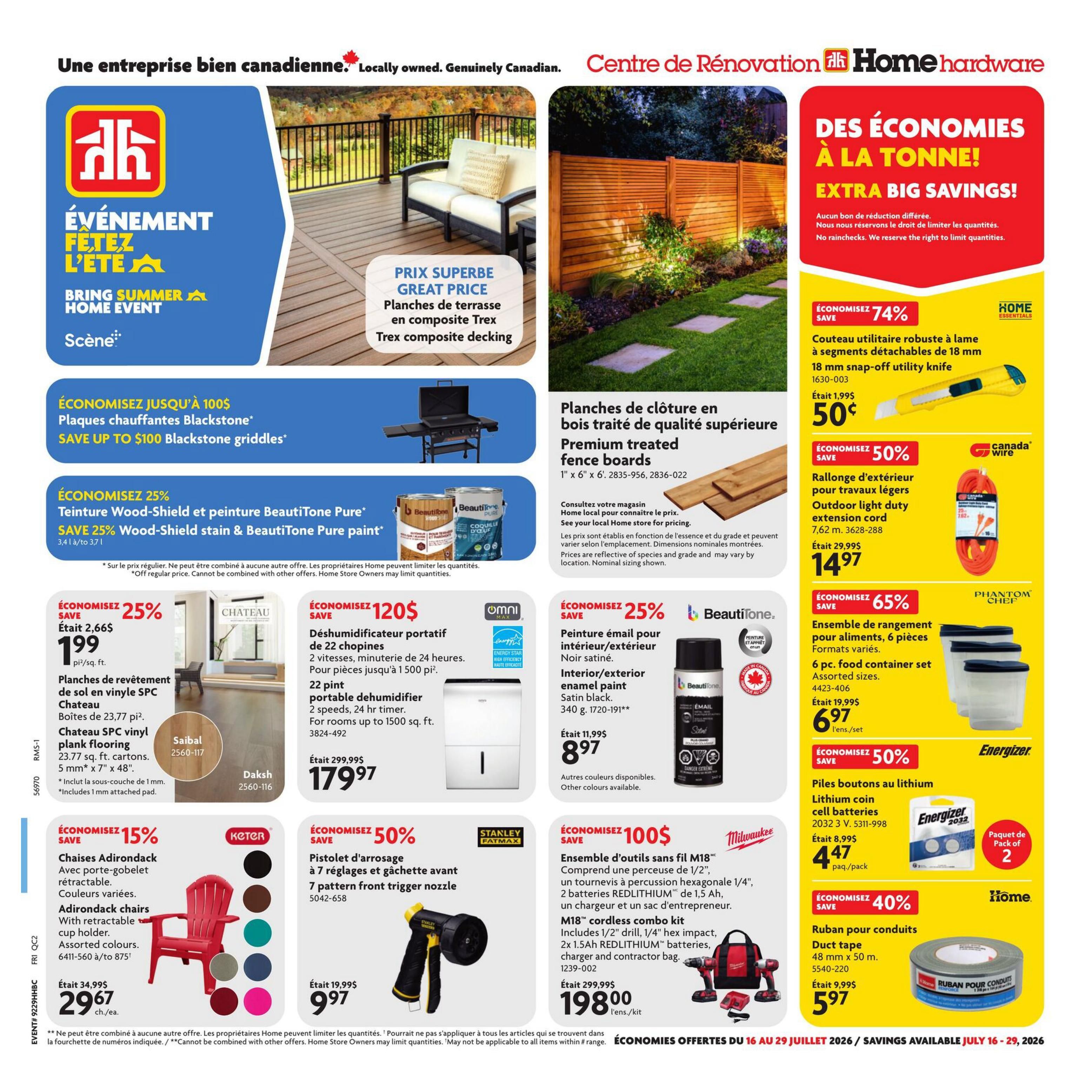 Home Hardware flyer, Page 1. Featuring the 'Bring Summer Home Event' with 'Extra Big Savings'. Offers include: 74% off 18 mm snap-off utility knife for $0.50, save up to $100 on Blackstone griddles, save 25% on Wood-Shield stain and BeautiTone Pure paint. Also featured are Chateau SPC vinyl plank flooring at $1.99 per sq. ft., 22 pint portable dehumidifier for $179.97, 15% off Adirondack chairs for $29.67 each, 50% off a 7 pattern front trigger nozzle for $9.97, 25% off interior/exterior enamel paint for $8.97, 65% off a 6 pc. food container set for $6.97, 50% off Energizer lithium coin cell batteries for $4.47 per pack, and 40% off duct tape for $5.97. Also available are premium treated fence boards and an M18 cordless combo kit for $198.00. Savings are available from July 16 to July 29, 2026.
