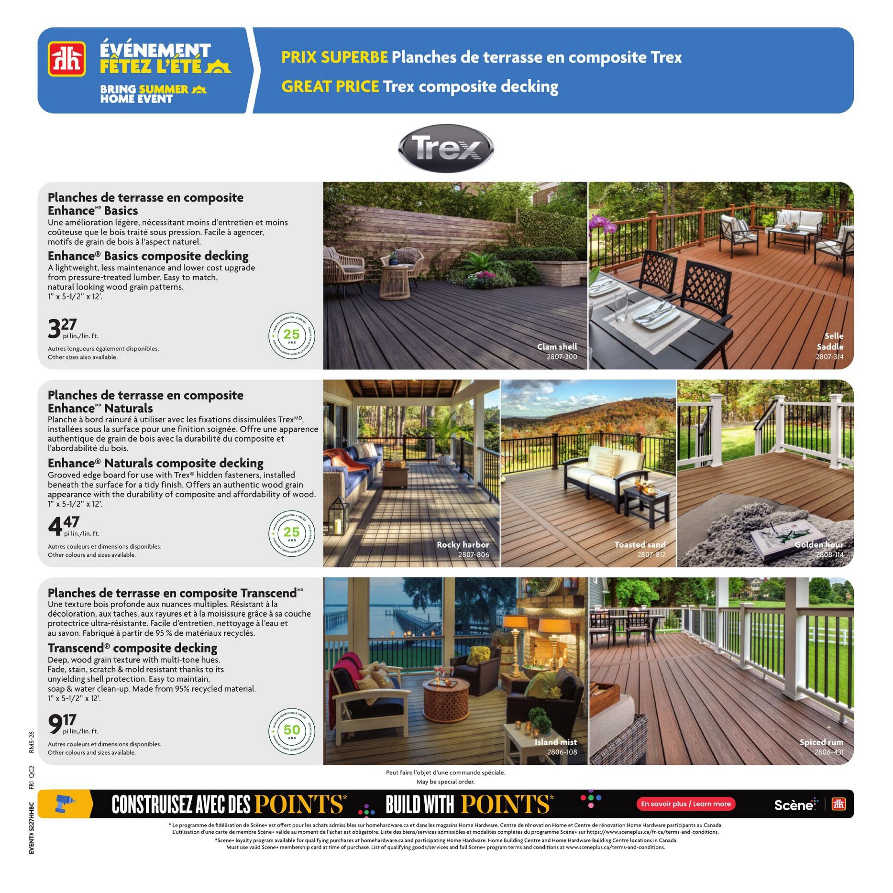 Home Hardware flyer page 10 features Trex composite decking. Enhance Basics composite decking is available for $3.27 per linear foot, with a 25-year limited warranty. Enhance Naturals composite decking, a grooved edge board for hidden fasteners, is priced at $4.47 per linear foot and also comes with a 25-year limited warranty. Transcend composite decking, made from 95% recycled material and resistant to fade, stain, scratch, and mould, is offered at $9.17 per linear foot with a 50-year limited warranty. Various colours and sizes are available for all decking options. The page showcases different deck styles and colours including Clam shell, Saddle, Rocky harbor, Toasted sand, Golden hour, and Island mist. A 'Build with Points' promotion is also advertised, offering Scene+ loyalty program benefits for purchases at homehardware.ca and participating Home Hardware stores.