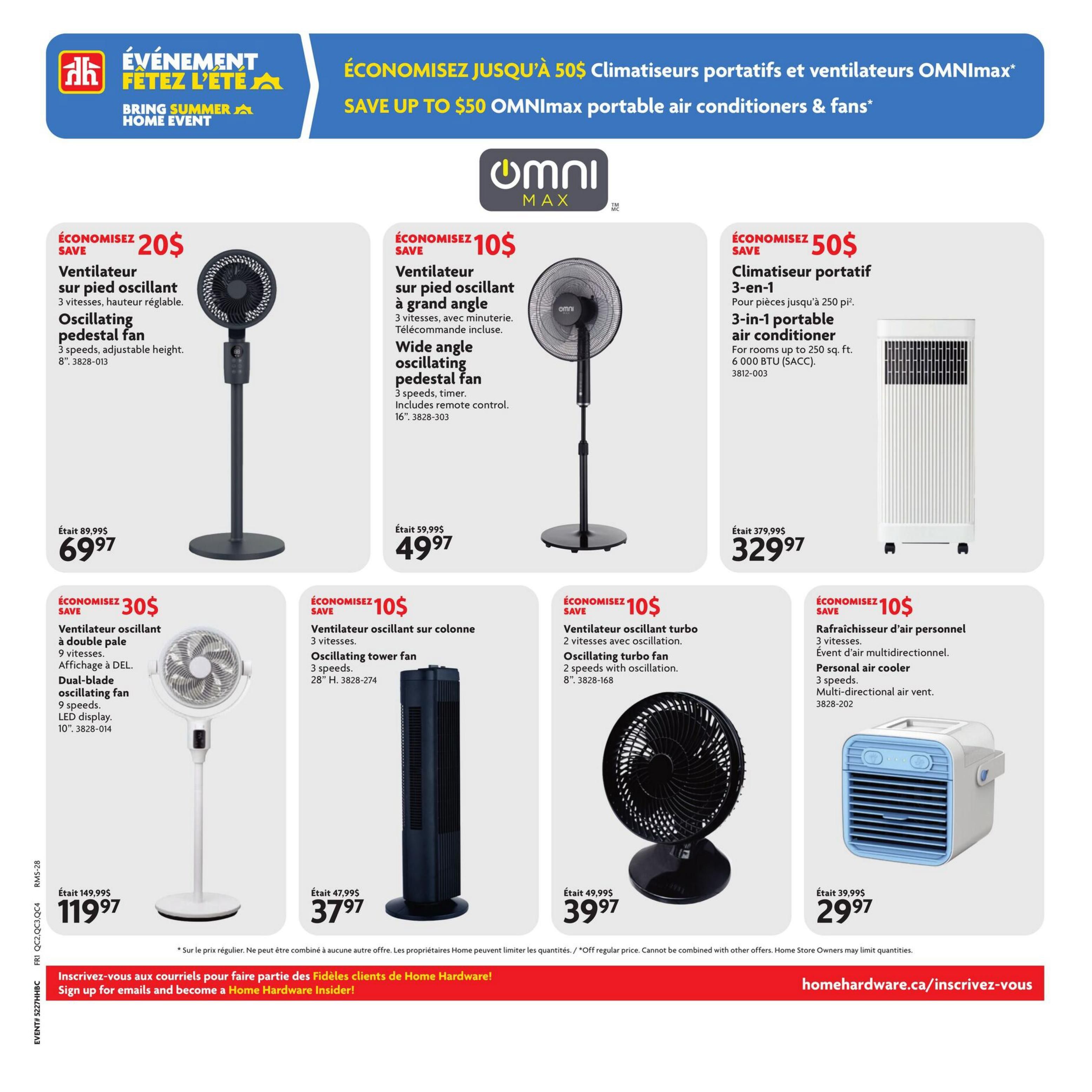 Home Hardware flyer page 11 features a 'Bring Summer Home Event' with savings up to $50 on OMNImax portable air conditioners and fans. Featured products include an oscillating pedestal fan on sale for $69.97 (save $20), a wide angle oscillating pedestal fan for $49.97 (save $10), a 3-in-1 portable air conditioner for $329.97 (save $50), a dual-blade oscillating fan for $119.97 (save $30), an oscillating tower fan for $37.97 (save $10), an oscillating turbo fan for $39.97 (save $10), and a personal air cooler for $29.97 (save $10). The page also includes a call to action to sign up for emails and become a Home Hardware Insider at homedehardware.ca/inscrivez-vous.