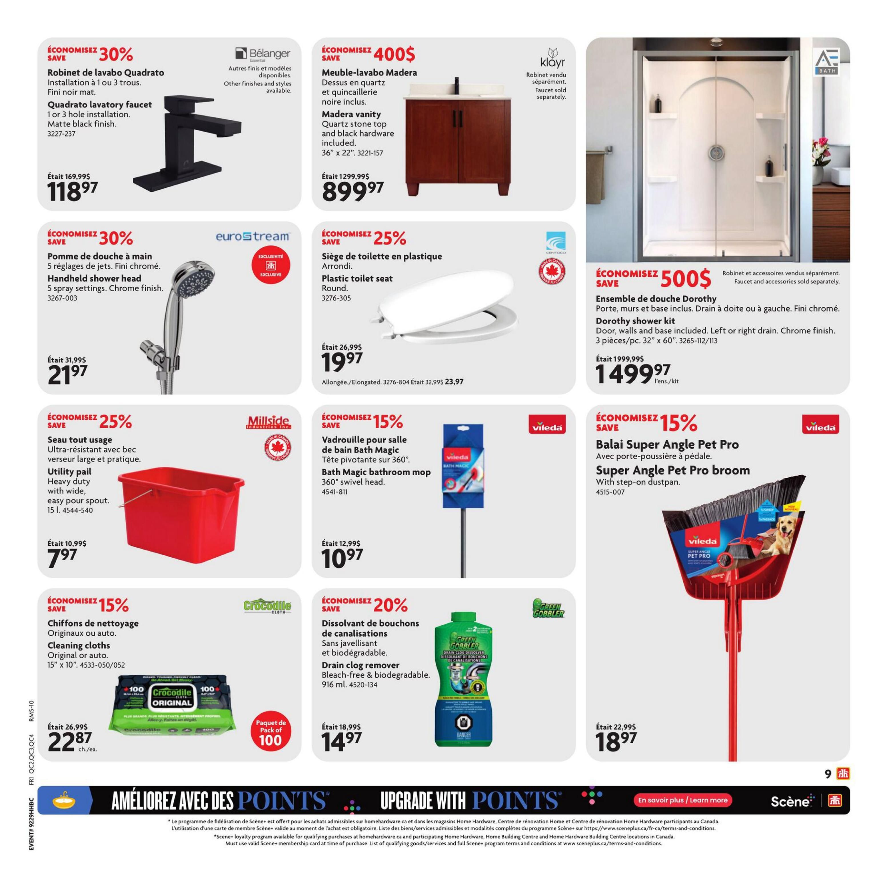 Home Hardware flyer page 19 featuring various home improvement and cleaning products. Save 30% on the Quadrato lavatory faucet in matte black finish, now $118.97. Save 30% on a Handheld shower head with 5 spray settings in chrome finish, priced at $21.97. Save 25% on a heavy-duty utility pail, 15 L, for $7.97. Save 15% on Crocodile Cloth cleaning cloths, original or auto, 15' x 10', pack of 100, for $22.87. Also featured is a Madera vanity with quartz stone top and black hardware for $899.97, saving $400. A plastic toilet seat in round shape is on sale for $19.97. Save $500 on the Dorothy shower kit, including door, walls, and base with left or right drain in chrome finish, 3 pieces, 32' x 60', now $1499.97. Save 15% on the Vileda Bath Magic bathroom mop with a 360° swivel head, for $10.97. Save 20% on Green Gobbler drain clog remover, bleach-free & biodegradable, 916 mL, for $14.97. Save 15% on the Vileda Super Angle Pet Pro broom with step-on dustpan, priced at $18.97. The bottom of the page highlights 'Améliorez avec des points' / 'Upgrade with Points' promotion' and Scene+ loyalty program information.