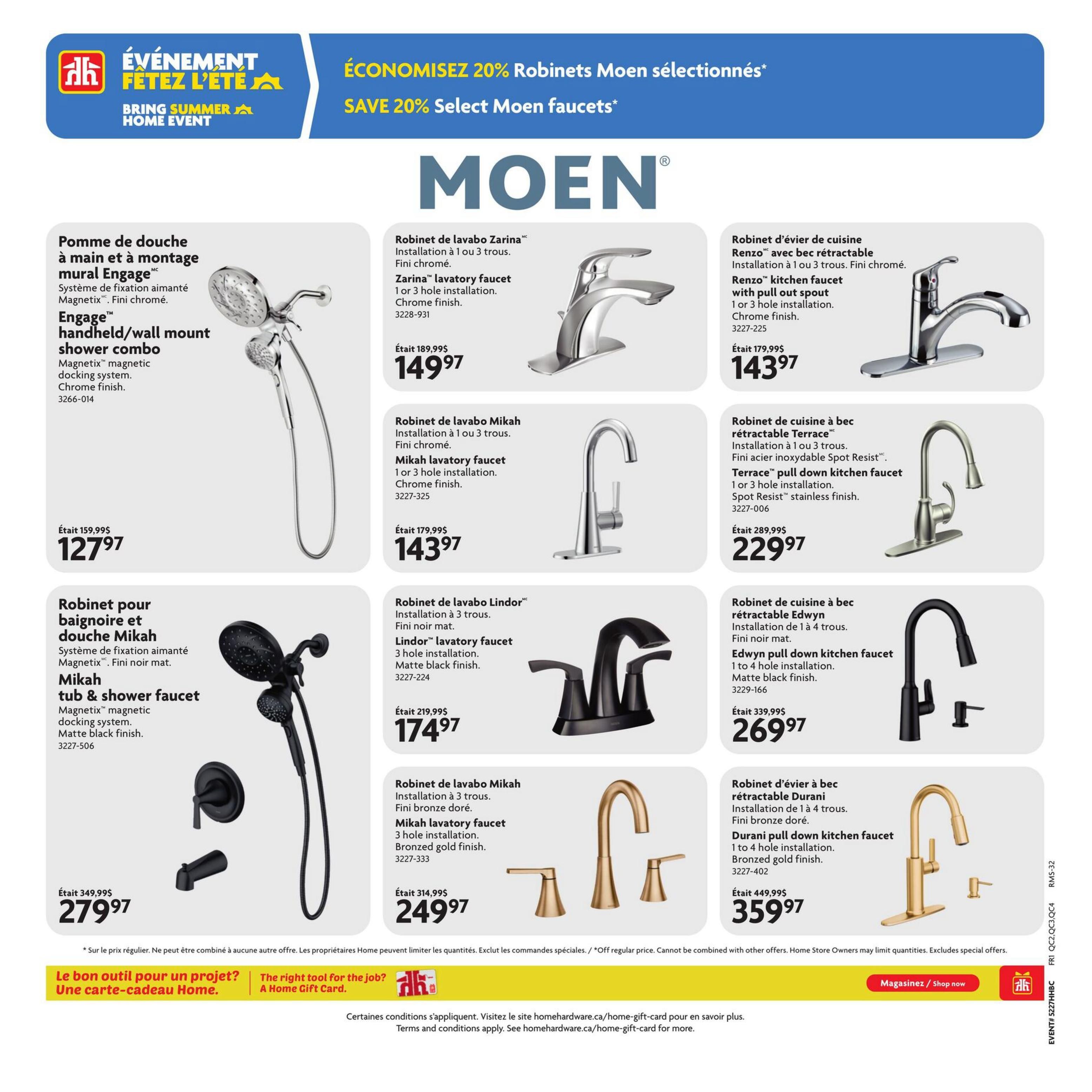 Home Hardware flyer page 20 features a selection of Moen faucets with a 20% discount. Featured products include the Engage handheld/wall mount shower combo with magnetic docking system in chrome finish for $127.97, and the Mikah tub & shower faucet with magnetic docking system in matte black finish for $279.97. Faucets on sale include the Zarina lavatory faucet in chrome for $149.97, the Renzo kitchen faucet with pull out spout in chrome for $143.97, the Mikah lavatory faucet in chrome for $143.97, the Lindor lavatory faucet in matte black for $174.97, the Terrace pull down kitchen faucet in Spot Resist stainless finish for $229.97, the Mikah lavatory faucet in bronzed gold finish for $249.97, and the Durani pull down kitchen faucet in bronzed gold finish for $359.97. The flyer also promotes the Home Gift Card for projects.