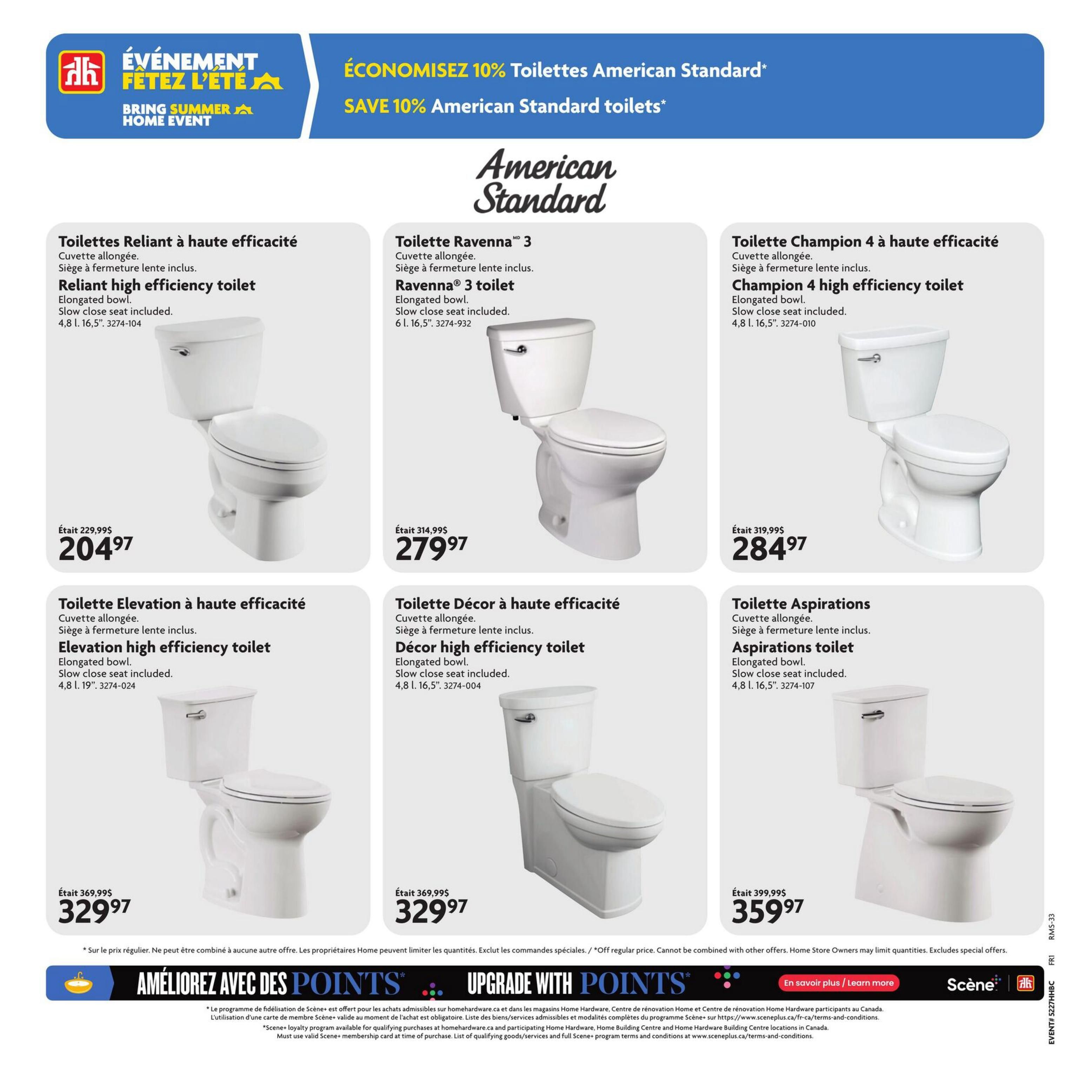 Home Hardware flyer, page 21, featuring American Standard toilets. Save 10% on American Standard toilets. The Reliant high efficiency toilet is on sale for $204.97, down from $229.99. The Ravenna 3 toilet is $279.97. The Champion 4 high efficiency toilet is $284.97. The Elevation high efficiency toilet is $279.97, down from $314.99. The Décor high efficiency toilet is $329.97, down from $319.99. The Aspirations toilet is $359.97, down from $399.99. All toilets feature elongated bowls and slow-close seats. The flyer also promotes 'Améliorez avec des Points' / 'Upgrade with Points' loyalty program.