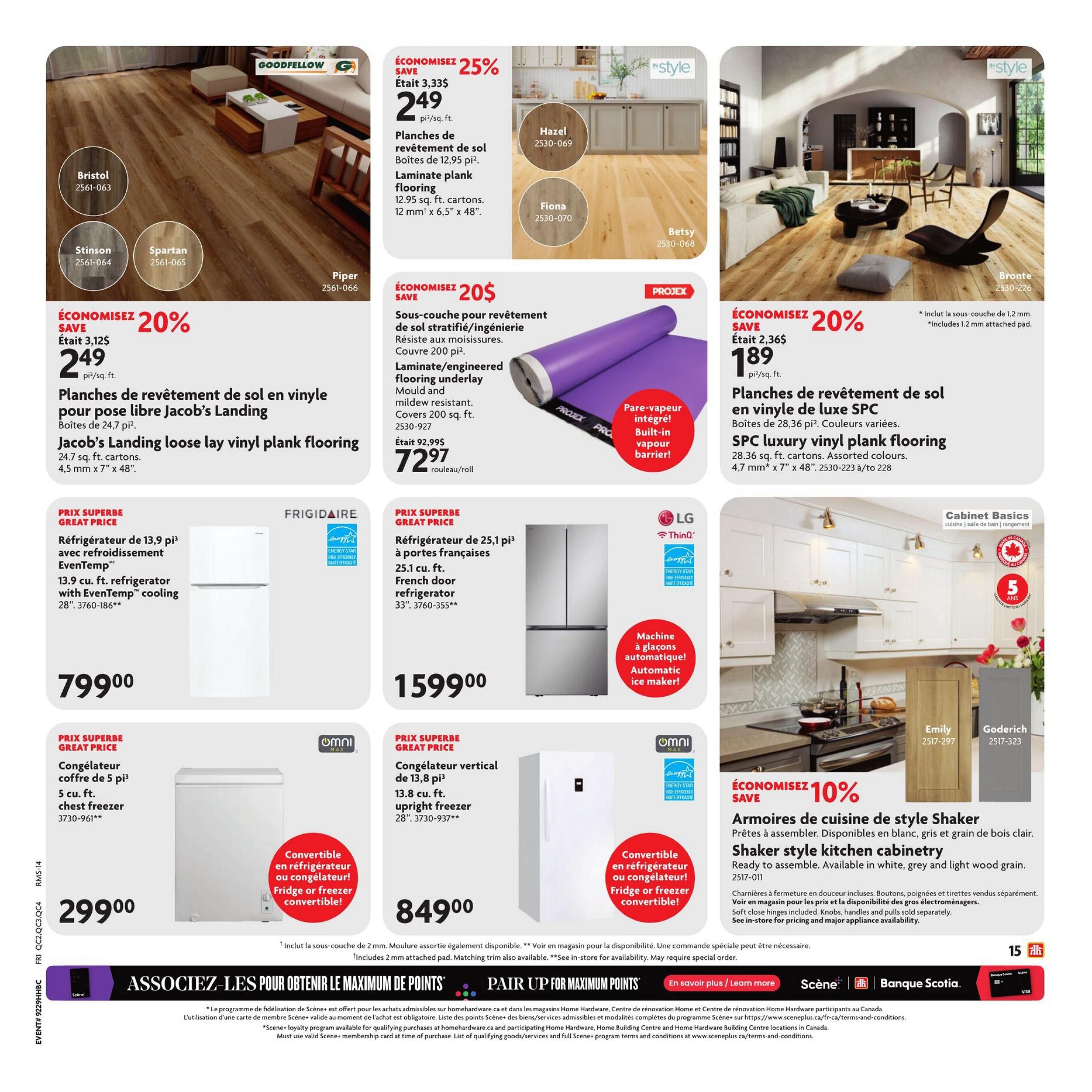 Home Hardware Quebec flyer, page 27. Features Goodfellow Jacob's Landing loose lay vinyl plank flooring at $2.49 per sq. ft., saving 20%. Also features InStyle laminate plank flooring in Hazel, Fiona, and Betsy styles for $2.49 per sq. ft., saving 25%. Another InStyle SPC luxury vinyl plank flooring is on sale for $1.89 per sq. ft., saving 20%, including 1.2 mm attached pad. Projex laminate/engineered flooring underlay, mould and mildew resistant, covers 200 sq. ft. for $72.97 per roll. Frigidaire 13.9 cu. ft. refrigerator with EvenTemp cooling is $799.00. LG 25.1 cu. ft. French door refrigerator with automatic ice maker is $1599.00. Omni 5 cu. ft. chest freezer is $299.00. Omni 13.8 cu. ft. upright freezer is $849.00. Cabinet Basics Shaker style kitchen cabinetry is available in white, grey, and light wood grain, with a 10% saving. The bottom of the page promotes 'Pair Up For Maximum Points' with Scene+ and Scotiabank.