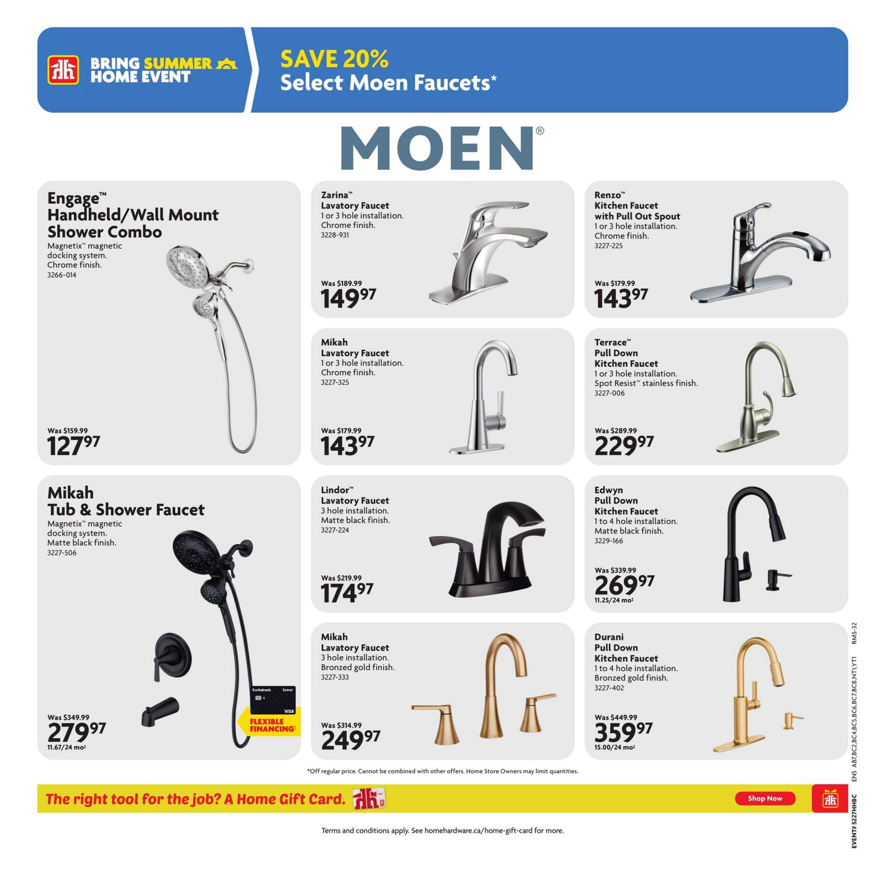 Home Hardware flyer page 20 features a selection of Moen faucets and shower combos with a 'Save 20%' offer. Featured products include the Engage Handheld/Wall Mount Shower Combo in chrome finish for $127.97 (was $159.99), and the Mikah Tub & Shower Faucet in matte black finish for $279.97 (was $349.99), with flexible financing available. Faucets on sale include the Zarina Lavatory Faucet in chrome for $149.97 (was $189.99), the Mikah Lavatory Faucet in chrome for $143.97 (was $179.99), the Lindor Lavatory Faucet in matte black for $174.97 (was $219.99), the Mikah Lavatory Faucet in bronzed gold finish for $249.97 (was $314.99), the Renzo Kitchen Faucet with Pull Out Spout in chrome for $143.97 (was $179.99), the Terrace Pull Down Kitchen Faucet in spot resist stainless finish for $229.97 (was $289.99), the Edwyn Pull Down Kitchen Faucet in matte black finish for $269.97 (was $339.99), and the Durani Pull Down Kitchen Faucet in bronzed gold finish for $359.97 (was $449.99). The page also promotes a Home Gift Card offer.