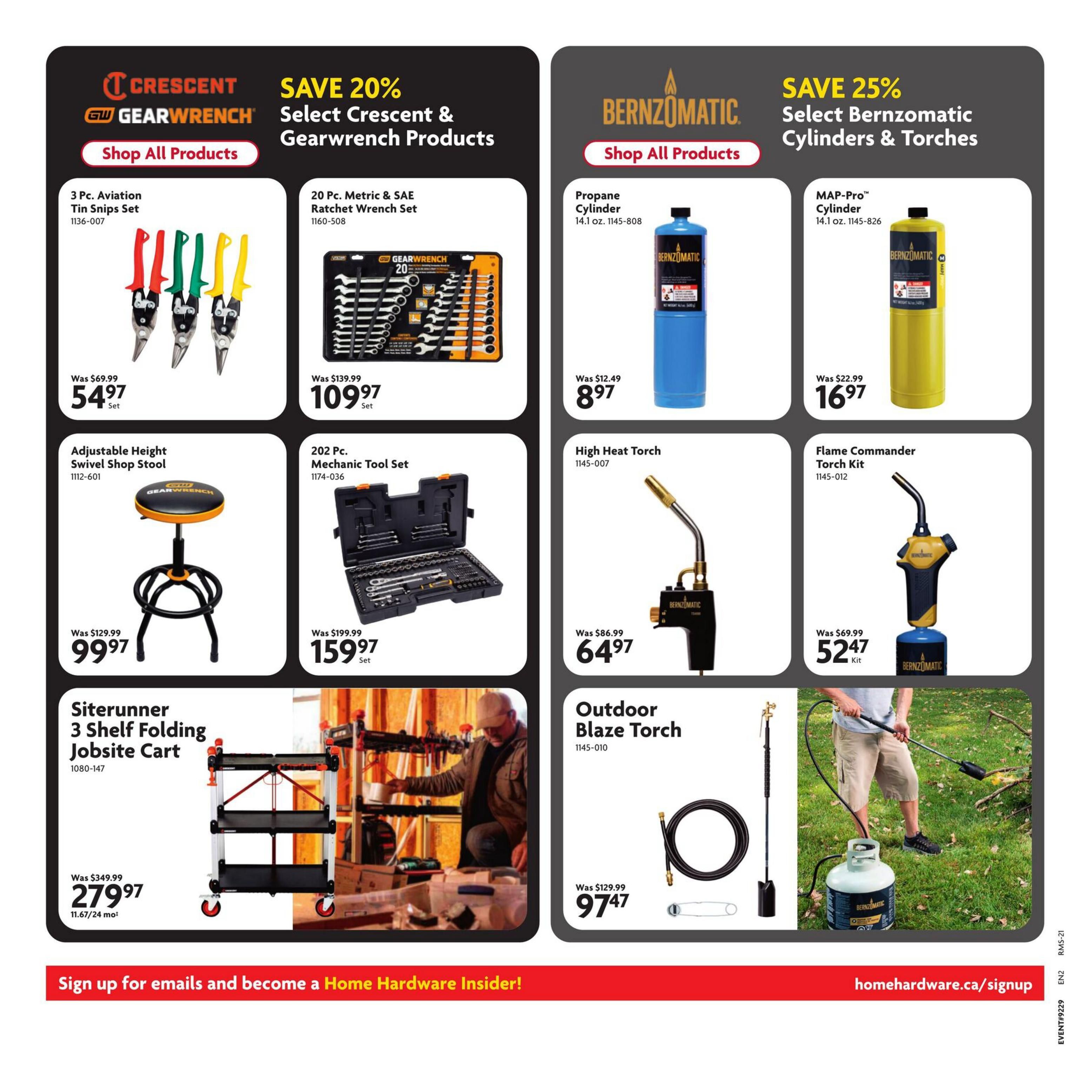 Home Hardware flyer page 18 featuring tools and equipment. Save 20% on select Crescent & Gearwrench products, including a 3 Pc. Aviation Tin Snips Set for $54.97 (was $69.99), a 20 Pc. Metric & SAE Ratchet Wrench Set for $109.97 (was $139.99), and an Adjustable Height Swivel Shop Stool for $99.97 (was $129.99). Also available is a 202 Pc. Mechanic Tool Set for $159.97 (was $199.99) and a Siterunner 3 Shelf Folding Jobsite Cart for $279.97 (was $349.99). Save 25% on select Bernzomatic cylinders & torches. Featured items include a Propane Cylinder for $8.97 (was $12.49), a MAP-Pro™ Cylinder for $16.97 (was $22.99), a High Heat Torch for $64.97 (was $86.99), and a Flame Commander Torch Kit for $52.47 (was $69.99). An Outdoor Blaze Torch is also shown for $97.47 (was $129.99). Sign up for emails to become a Home Hardware Insider at homehardware.ca/signup.