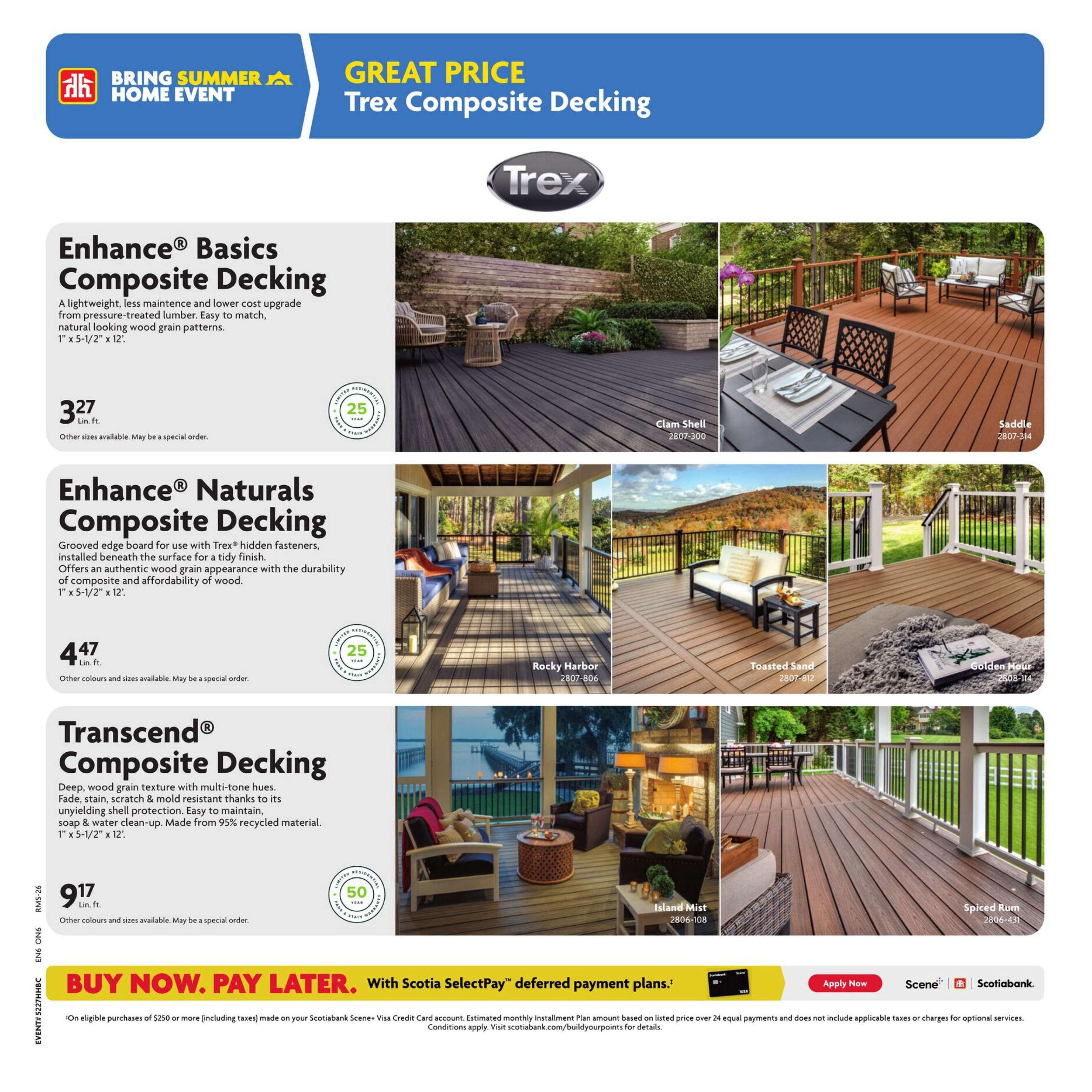 Home Hardware flyer page featuring Trex Composite Decking. Offers include Enhance Basics Composite Decking at $3.27 per linear foot with a 25-year warranty, and Enhance Naturals Composite Decking at $4.47 per linear foot, also with a 25-year warranty. Transcend Composite Decking is available for $9.17 per linear foot and includes a 50-year warranty. Various decking colours are showcased, including Clam Shell, Saddle, Rocky Harbor, Toasted Sand, Golden Hour, Island Mist, and Spiced Rum. The page also promotes a 'Buy Now, Pay Later' offer with Scotiabank SelectPay deferred payment plans on eligible purchases of $250 or more.