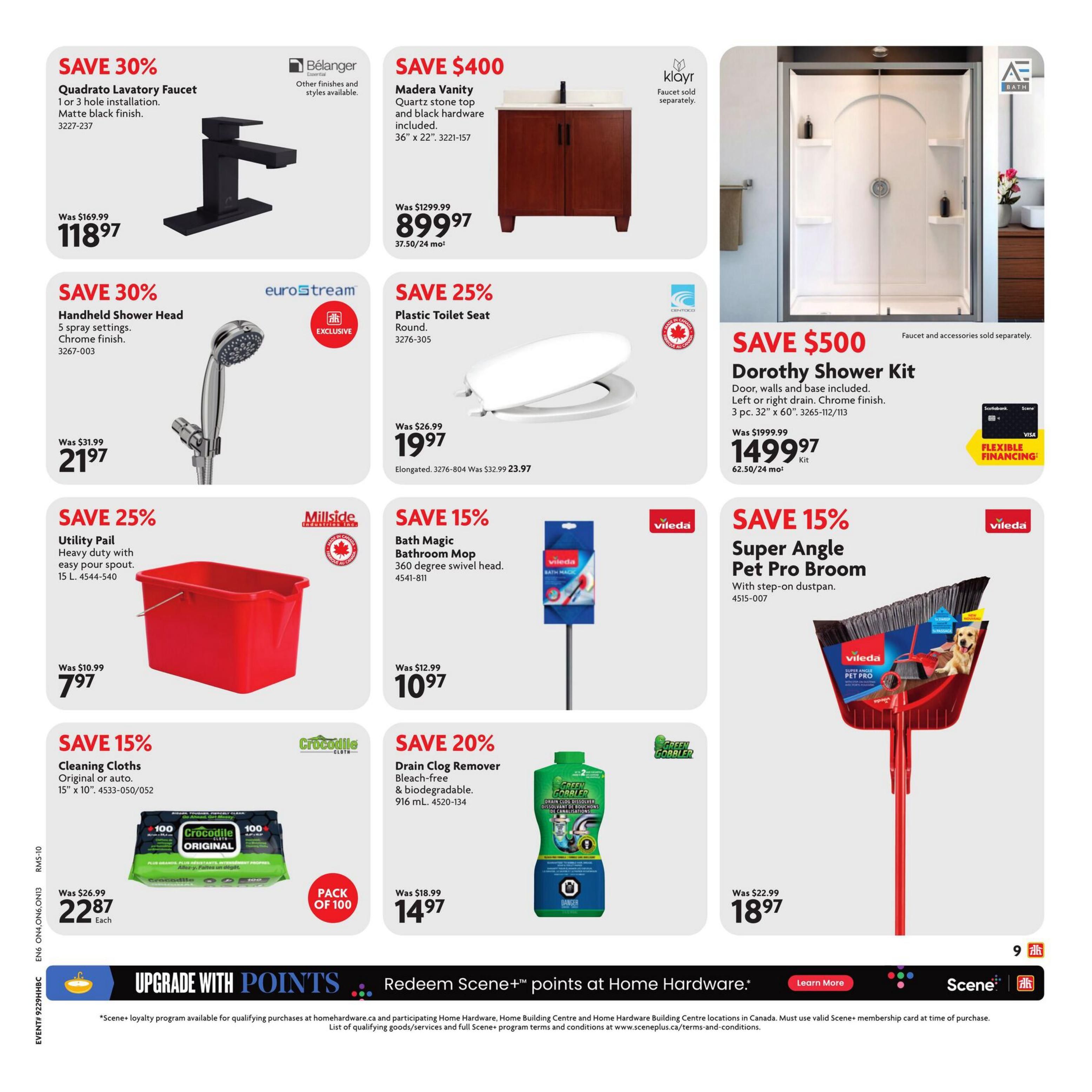 Home Hardware flyer page featuring various home improvement and cleaning products. Save 30% on the Quadrato Lavatory Faucet in matte black finish, now $118.97, originally $169.99. Also save 30% on a Handheld Shower Head with 5 spray settings in chrome finish for $21.97, down from $31.99. Save $400 on the Madera Vanity with quartz stone top and black hardware, measuring 36' x 22', priced at $899.97. Save $500 on the Dorothy Shower Kit, including door, walls, and base, with left or right drain and chrome finish, 3 pc. 32' x 60', for $1499.97. Save 25% on a Plastic Toilet Seat (round) for $19.97. Save 25% on a Utility Pail, heavy duty with easy pour spout, 15 L, for $7.97. Save 15% on Bath Magic Bathroom Mop with 360-degree swivel head for $10.97. Save 15% on Crocodile Cleaning Cloths, original or auto, 15' x 10', pack of 100, for $22.87 each. Save 20% on Green Gobbler Drain Clog Remover, bleach-free and biodegradable, 916 mL, for $14.97. The bottom of the page highlights 'Upgrade with Points' and Scene+ loyalty program information.
