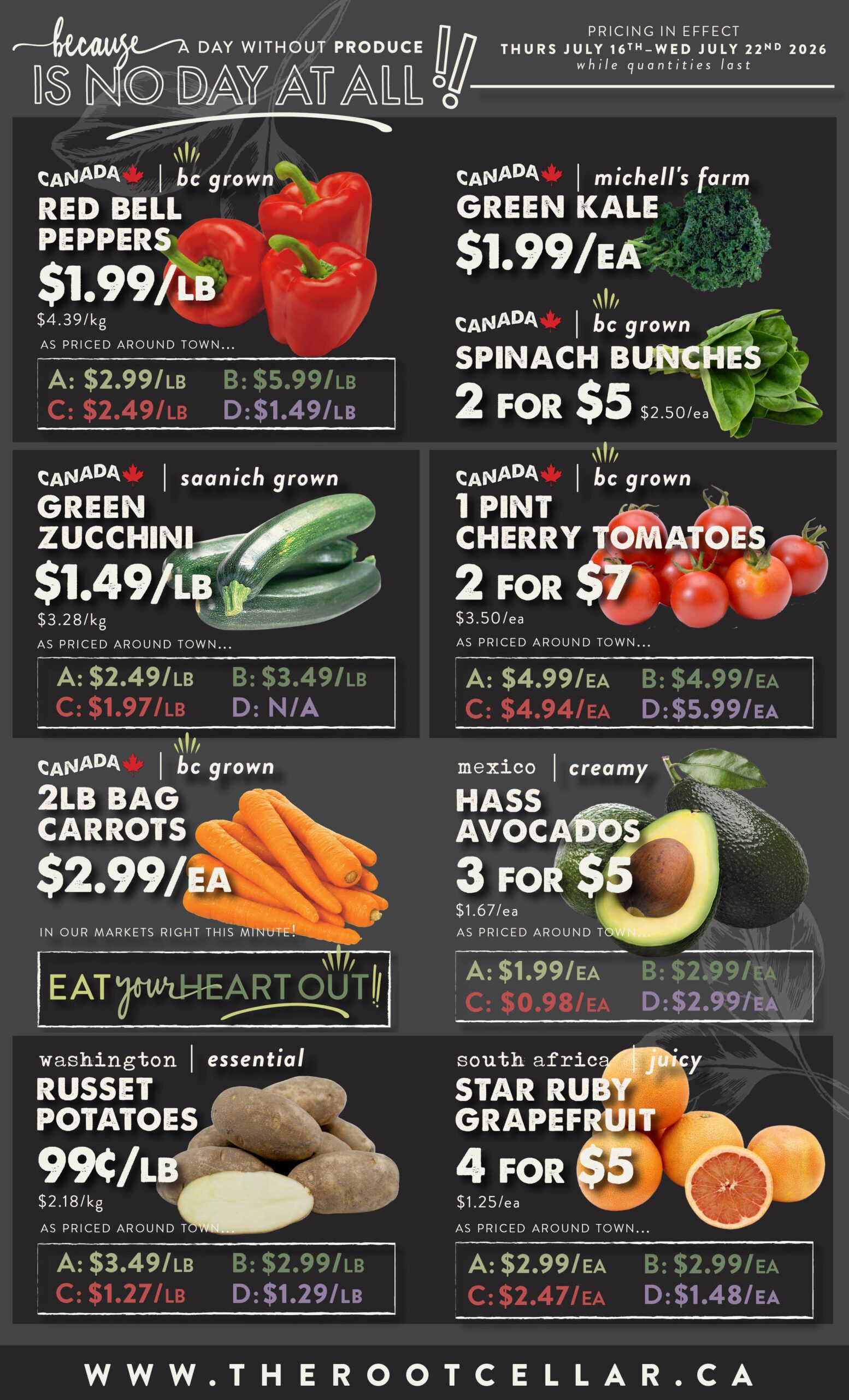 The Root Cellar weekly flyer specials for July 16th to July 22nd, 2026. Featured produce includes Canada grown Red Bell Peppers for $1.99/lb, Michell's Farm Green Kale for $1.99 each, and BC grown Spinach Bunches 2 for $5. Also available are Canada grown Green Zucchini for $1.49/lb, 1 pint of BC grown Cherry Tomatoes for 2 for $7, and a 2lb bag of Canada grown Carrots for $2.99 each. Washington essential Russet Potatoes are 99 cents/lb, and South Africa Star Ruby Grapefruit is 4 for $5. The flyer includes pricing comparisons for various quantities and locations for most items. The website www.therootcellar.ca is displayed at the bottom.
