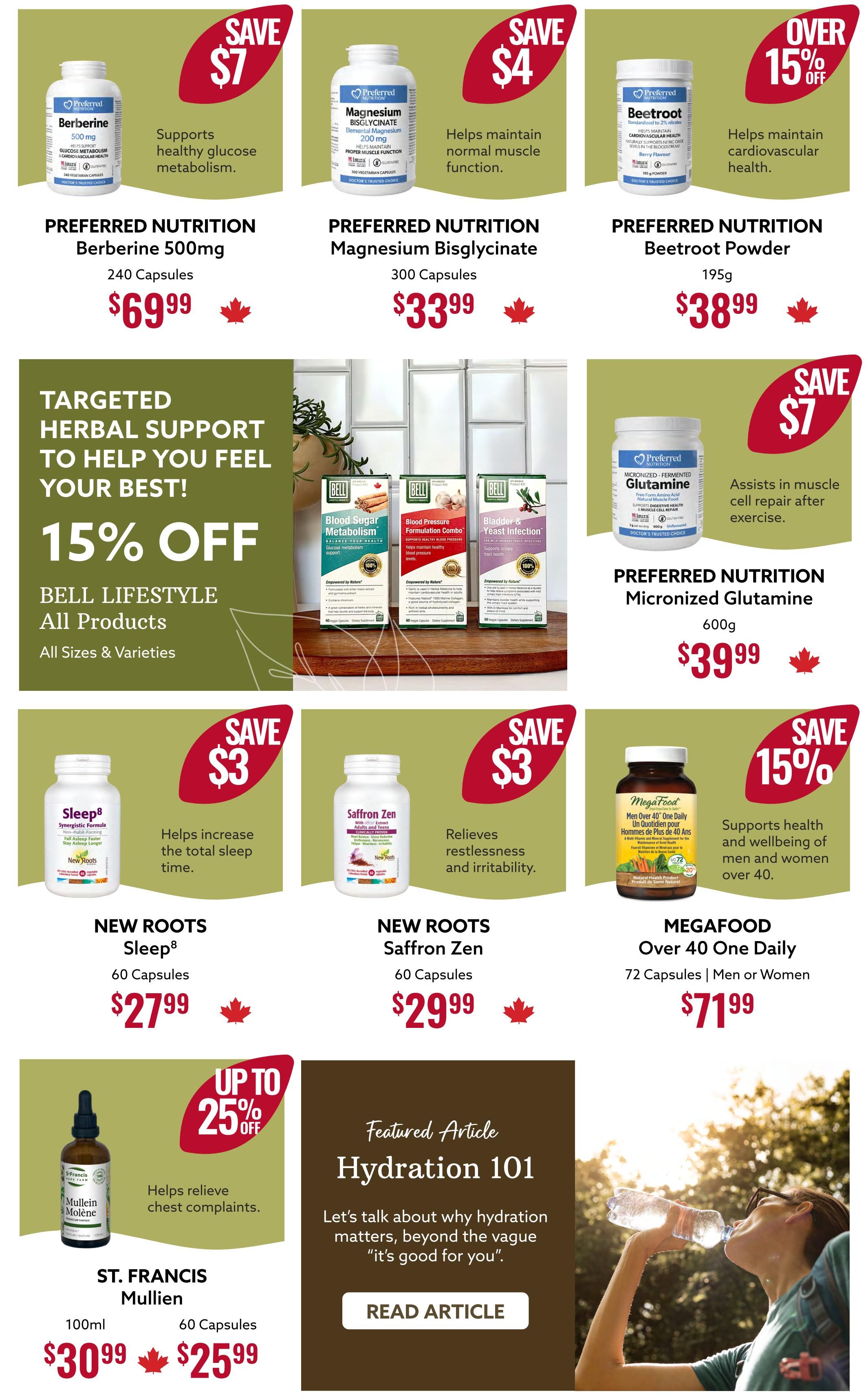 Nutter's Bulk & Natural Foods flyer page 4 specials. Featured products include Preferred Nutrition Berberine 500mg, 240 capsules for $69.99 (Save $7), Preferred Nutrition Magnesium Bisglycinate, 300 capsules for $33.99 (Save $4), and Preferred Nutrition Beetroot Powder, 195g for $38.99 (Over 15% off). Also, Preferred Nutrition Micronized Glutamine, 600g for $39.99 (Save $7). Bell Lifestyle offers 15% off all products, all sizes and varieties, including Blood Sugar Metabolism, Blood Pressure Formulation Combo, and Bladder & Yeast Infection. New Roots Sleep8, 60 capsules for $27.99 (Save $3) and New Roots Saffron Zen, 60 capsules for $29.99 (Save $3). MegaFood Over 40 One Daily, 72 capsules for men or women, is $71.99 (Save 15%). St. Francis Mullien, 100ml, is $30.99, and 60 capsules are $25.99 (Up to 25% off). Featured article on Hydration 101 with a 'Read Article' button.