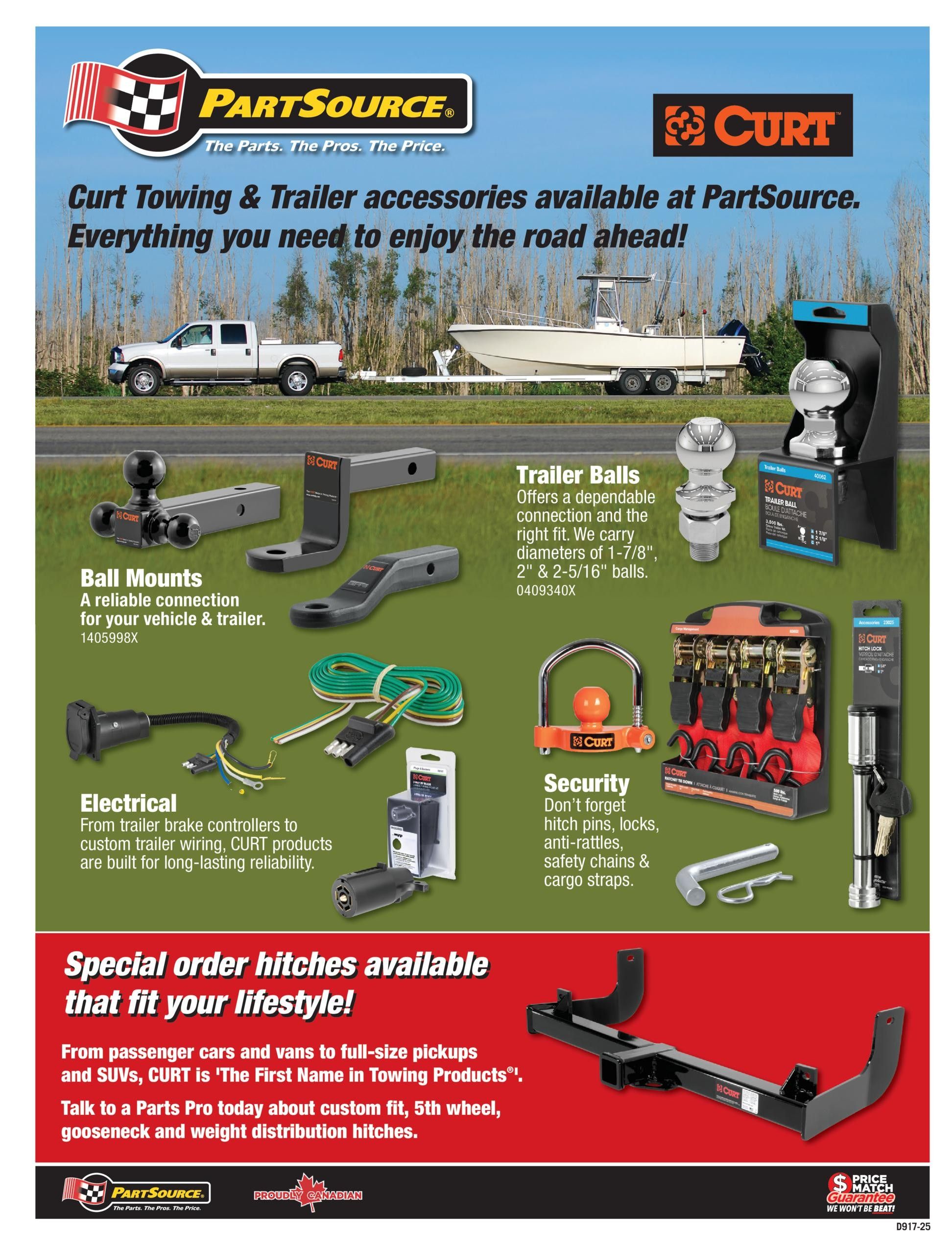PartSource flyer page 5 featuring Curt towing and trailer accessories. Products include ball mounts for reliable vehicle and trailer connections, with part number 1405998X. Also available are trailer balls in diameters of 1-7/8', 2', and 2-5/16', part number 0409340X. Electrical components like trailer brake controllers and custom trailer wiring are shown, with CURT products built for long-lasting reliability. Security items such as hitch pins, locks, anti-rattles, safety chains, and cargo straps are displayed. The page highlights special order hitches available to fit your lifestyle, suitable for passenger cars, vans, pickups, and SUVs, with CURT being the first name in towing products. Consult a Parts Pro for custom fit, 5th wheel, gooseneck, and weight distribution hitches. The flyer also features a Price Match Guarantee.