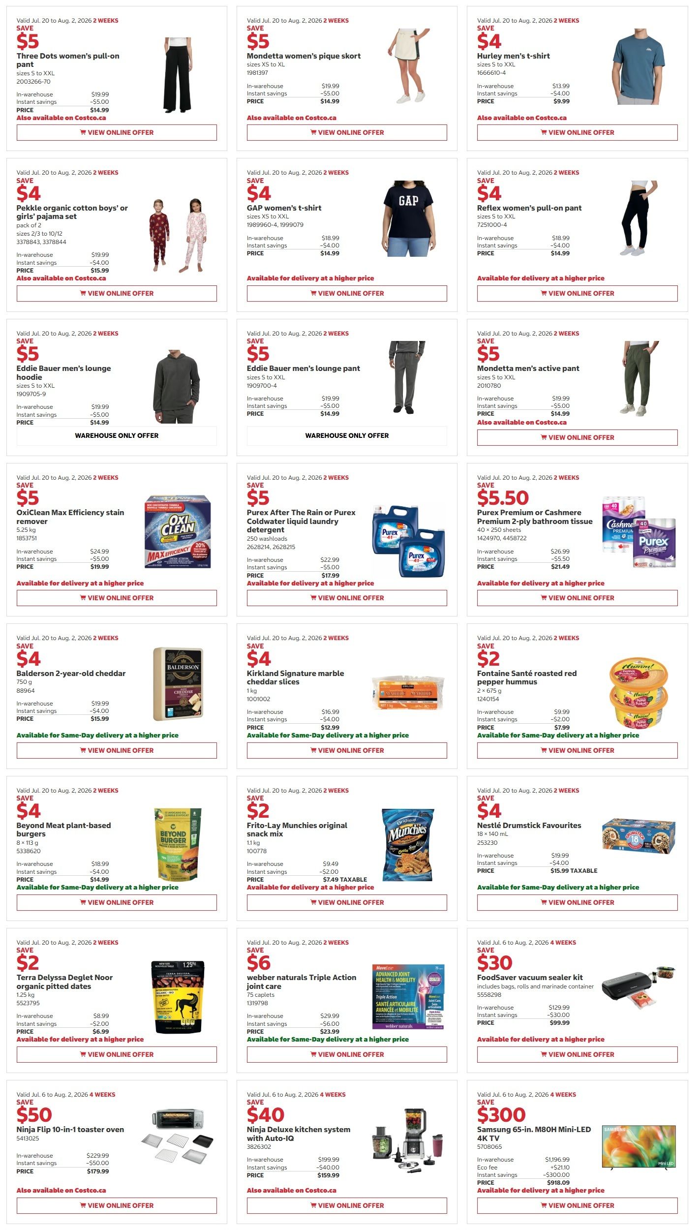 Costco Warehouse Offers flyer, page 2. Featured products include Pandex mixing bowls with lids for $6, Thermoflask 20 oz insulated food jar for $6, LG 65-in. QNED84B Mini-LED 4K TV for $200 off, Samsung Galaxy Tab S10 FE with S-Pen for $200 off, and Acer Spin 15.3-in. touchscreen laptop for $200 off. Also available are Skullcandy Stomp XL Bluetooth speaker for $50, Shokz Openfit 2 headphones for $60, and Tribeca entrance mat for $5. Additional offers include Kohler Assort multifunction handshower for $10 off, Hisense stainless steel refrigerator for $70 off, and Epson EcoTank wireless all-in-one colour ET-3958 printer for $100 off. Also on sale are Golden Select Amaretto SPC flooring for $7, Optimum Nutrition Gold Standard Whey chocolate protein powder for $20, Optimum Nutrition Gold Standard Whey vanilla protein powder for $20, Isopure tropical punch clear protein powder for $20, Optimum Nutrition blueberry lemonade creatine for $8, and Roots backpack for $6. Finally, find Samsonite luggage (2-piece set) for $50 off, Ghostbed queen mattress for $150 off, Apothecary 101 glass liquid hand soaps for $5, Dove original or sensitive skin bar soap for $5.50, and Monday shampoo and conditioner for dry and dull hair for $7. Aveeno Stress Relief bodywash is also available for $5.50.