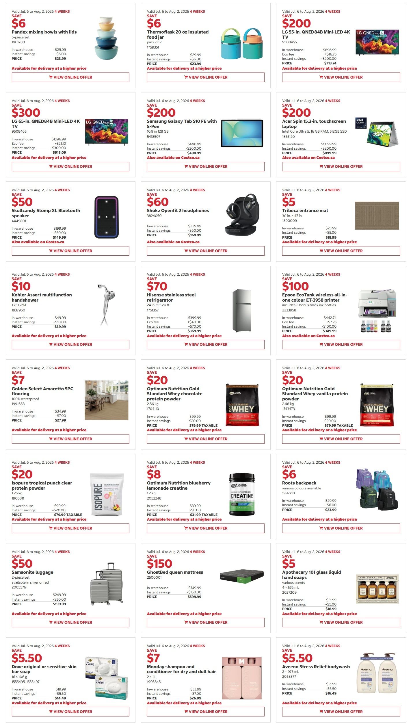 Costco Warehouse Offers page 3, featuring a variety of products on sale. Offers include Lazypants women's fleece crewneck for $14.99, Nescafé Rich instant coffee for $12.49, and Jongga Mat Kimchi for $9.99. Also available are Rana Cajun style linguine with chicken & andouille sausage for $14.99, Sun Chips harvest cheddar multigrain snacks for $5.99 taxable, and Quest protein chips for $28.99 taxable. Other deals are Kellogg's Vector cereal for $8.49, Kinder's organic hickory brown BBQ sauce for $6.99, and Activia yogurt for $8.69. San Pellegrino Natural Italian sparkling beverages are $18.47 taxable, Alani Nu energy drink variety pack is $24.35 taxable, and Gillette Fusion5 cartridges (pack of 18) are $51.99. Q-tips cotton swabs (4 packs) are $9.99, Therabreath Icy Mint Fresh Breath oral rinse (2 x 1L) is $23.99, and G.U.M. Soft-Picks Advanced dental picks (pack of 270) are $14.99. Neutrogena rapid wrinkle repair is $35.99, Mighty Patch original & invisible+ acne patches (pack of 84) are $23.99, and Bounty Plus paper towel (12 x 91 sheets) is $25.99. Swiffer Dusters dusting kit is $19.99, Finish Quantum Everyday dishwasher detergent (176 tabs) is $26.99, and Finish Quantum Ultra Jet-Dry rinse aid (374 washloads) is $11.99.