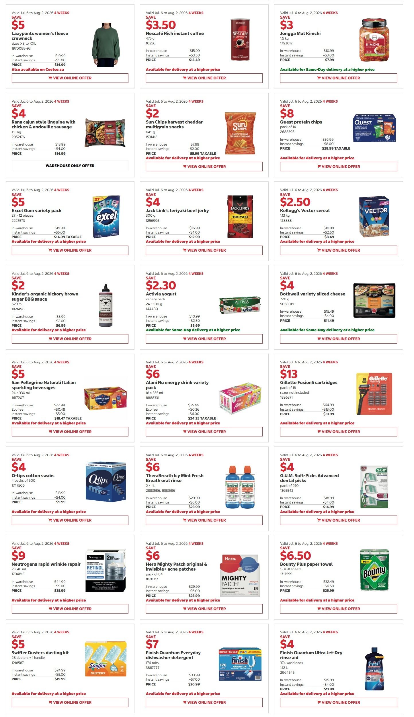 Costco Warehouse Offers flyer, Page 4. Save $5 on Lysol advanced disinfecting wipes, 5+10 wipes. Save $3 on Downy Gentle & Soft fabric softener, 150 washloads. Save $4.50 on Gain Liquid original HE laundry detergent, 146 washloads. Save $7 on Tide Pods Hygienic Clean power pods, 79 washloads. Save $6 on Cascade Platinum Plus dishwasher pacs, pack of 81. Save $3 on Dawn Advanced Power dish soap, 2.66 L. Save $10 on Depend maximum absorbency underwear, women's sizes S, M, L, XL. Save $10 on Organika electrolytes variety pack, 3.5 g x 45 sachets. Save $5 on Nature's Bounty hair, skin and nails supplement, 220 gummies. Save $9 on Natural Calm magnesium, 567 g. Save $5 on Kirkland Signature multivitamins and minerals for men or women, regular or 50+, 305 tablets. Save $7 on Gaviscon extra-strength heartburn and acid reflux relief, 150 tablets. Save $5 on Aveeno daily moisturizing lotion, 2 x 710 mL. Save $15 on Bully Bunches bully sticks, 1977828, 1977876, 2031824, 2031835, available at Costco.ca only. Save $3.50 on Dove daily moisture shampoo or conditioner, 1.8 L. Save $4.50 on Dove men's or women's dry antiperspirant spray, 3+107 g. Save $100 with the purchase of 4 Michelin Tires. Hot Buy: $899.99 for Hamilton Beach 3-in-1 all in one washer and dryer. Hot Buy: $139.99 for Artika Sunnyvale 28 in. ceiling fan. Hot Buy: $99.99 for EKO dual compartment stainless steel step can, 84 L. Hot Buy: $99.99 for TuffStore NSF storage box, 102 L. Hot Buy: $99.99 for Alltrade Mammoth 5 tier shelving, warehouse only offer. Hot Buy: $39.99 for Elizabeth Arden Ceramide Advanced Time Complex capsules, 2 x 60 capsules.