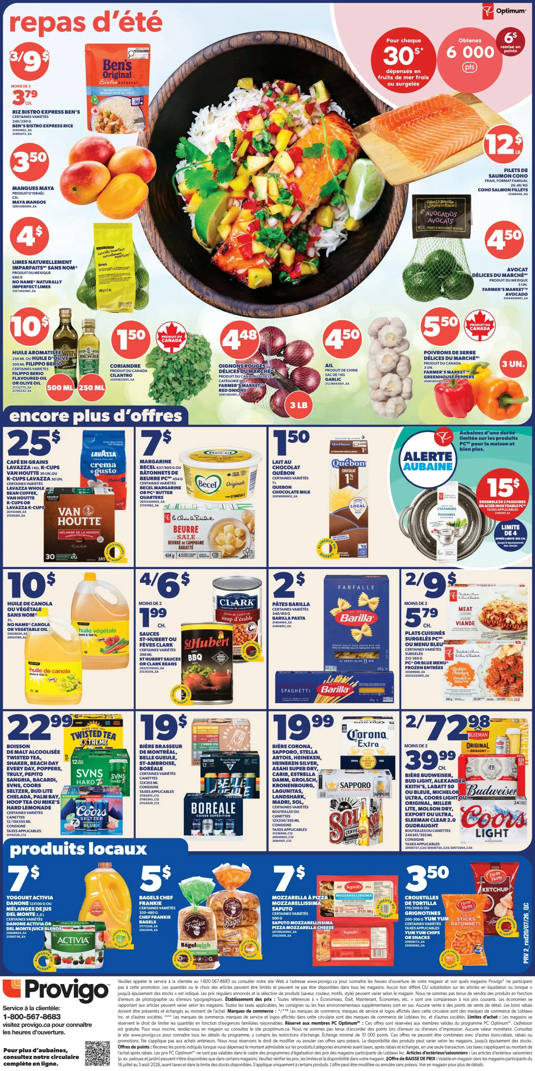 Provigo weekly flyer specials page 2. Featured summer meals include Ben's Original Bistro Express Rice for 3/$9, Mango Manguys from Israel for $3.50, and No Name Naturally Imperfect Limes for $4. Also available are 250 ml Olive or Olive Oil for $10, Cilantro for $1.50, 3 lb Red Onions for $4.48, and Garlic for $4.50. 'More deals' section includes K-Cups Lavazza coffee for $25, Becel Margarine for $7, Quebec Milk Chocolate for $1.50, and a 2-pack of Colanders for $15. Other offers include No Name Canola or Vegetable Oil for $10, St-Hubert or Clark Beans for 4/$6, Barilla Pasta for $2, and frozen meals for 2/$9. Beverages on sale are Twisted Tea Extreme for $22.99, Boreale beer for $19, Corona Extra for $19.99, and Budweiser, Sapporo, Stella Artois, Heineken, Coors Light, and Molson Canadian beers for 2/$72.98. Local products include Activia yogurt drinks for $5, Bagels for $7, and Mozzarella Pizza Cheese for $7. The bottom of the page features Provigo's contact information and a reminder about PC Optimum points.
