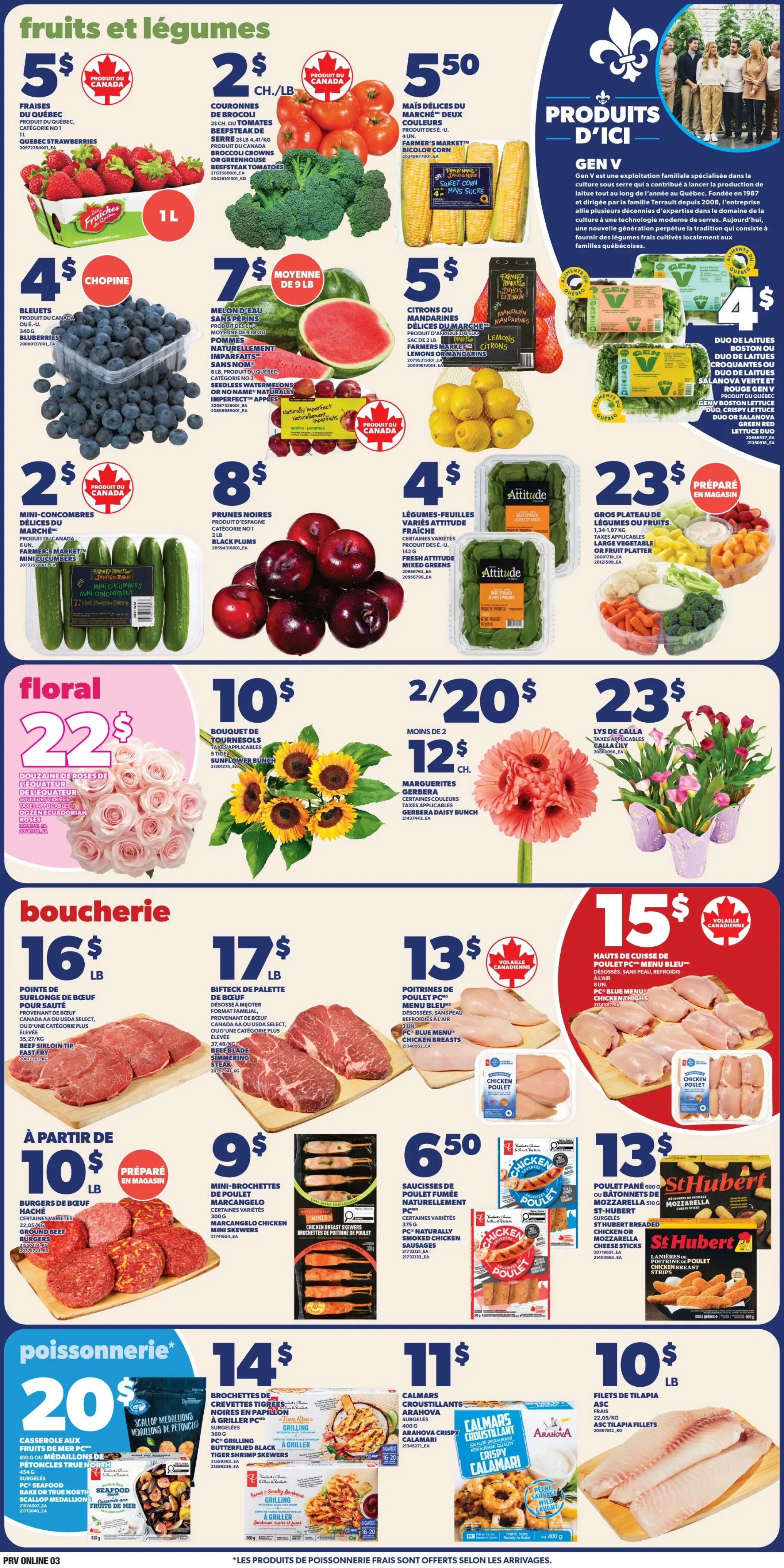 Provigo weekly flyer specials page 4. Fruits and vegetables include Quebec strawberries for $5, broccoli crowns for $2, Farmer's Market sweet corn for $5.50, blueberries for $4, seedless watermelon for $7/9lb, and lemons or mandarins for $5. Also featured are mini cucumbers for $2, black plums for $8, and Attitude fresh spinach greens for $4. A large platter of fruits and vegetables is $23. Floral arrangements include a rose bouquet for $22, a sunflower bunch for $10, and Gerbera daisy bunches for 2 for $12. Lily of the valley is $23. Butcher section offers beef top sirloin for $16/lb, beef blade sirloin steak for $17/lb, PC Blue Menu chicken breasts for $13, and PC Blue Menu chicken thighs for $15. Ground beef burgers are starting at $10/lb. Marcangelo chicken breast skewers are $9. PC Naturally smoked chicken sausages are $6.50. St-Hubert breaded chicken or mozzarella cheese sticks are $13. Seafood includes PC seafood scallops and mussels for $20, PC grilling butterflied shrimp skewers for $14, Arahova crispy calamari for $11, and Tilapia fillets for $10/lb.