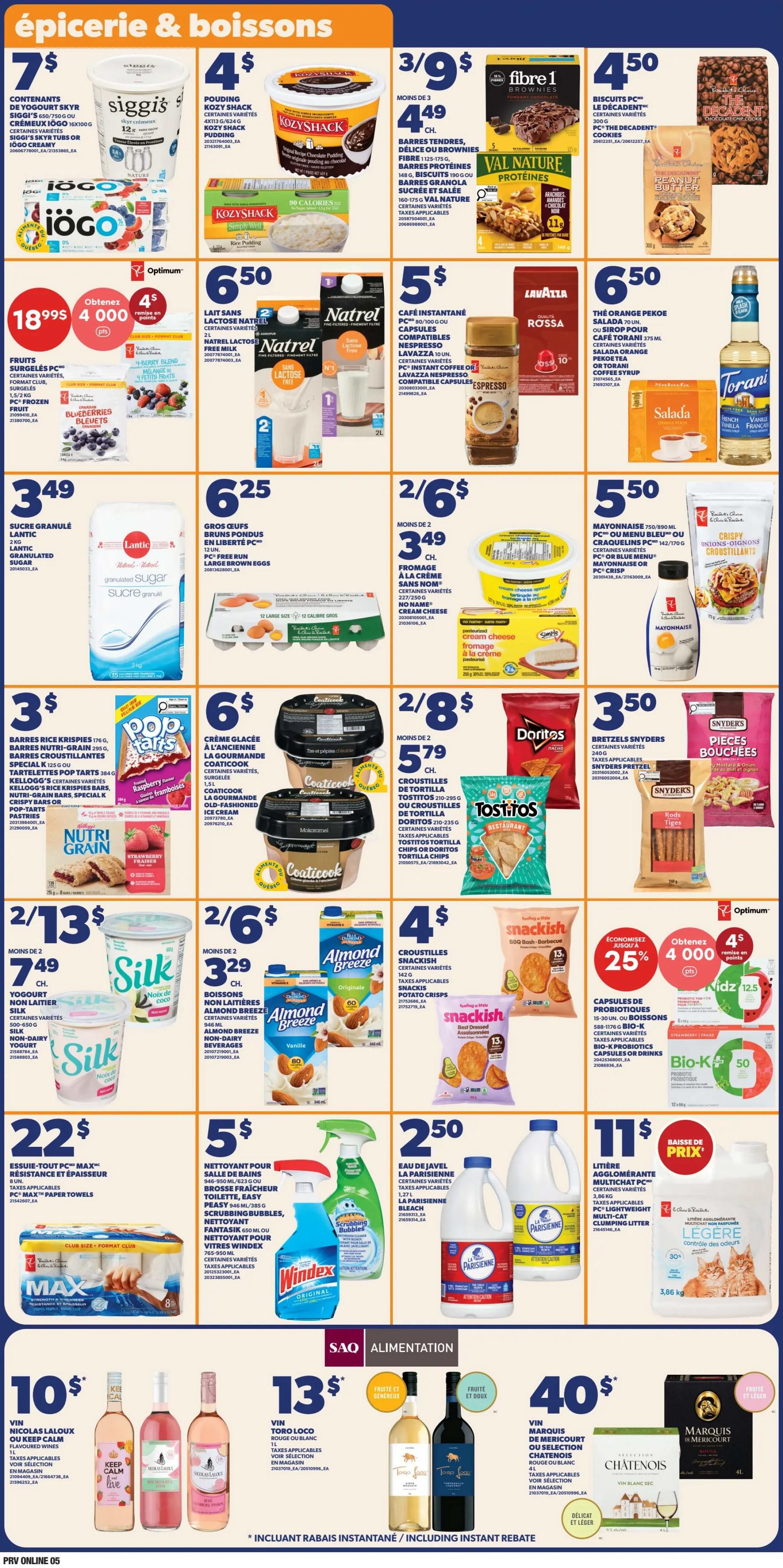 Provigo weekly flyer specials page 7 features a variety of grocery and beverage items. Top row includes Siggi's yogurt for $7, Kozy Shack pudding for $4, and Fibre 1 brownies and Val Nature protein bars for 3/$4.49. Also featured are Iögo yogurt for $18.99 with 4,000 Optimum points, Natrel lactose-free milk for $6.50, and Lavazza espresso capsules and Torani syrups for $5 and $6.50 respectively. The second row showcases Lantic granulated sugar for $3.49, PC brown eggs for $6.25, and Kraft cream cheese for 2/$3.49. Next are Doritos tortilla chips for 2/$5.79 and PC mayonnaise for $5.50. The bottom row highlights Nutri Grain bars for $3, Coaticook ice cream for $6, and Snyder's pretzels for $3.50. Further down, Silk yogurt is 2/$7.49, Almond Breeze beverages are 2/$3.29, and Snackish chips are 4/$4. There's also a promotion for Bio-K+ probiotics for 25% off, offering 4,000 Optimum points on a $12.50 purchase. Cleaning supplies include PC Max paper towels for $22, Windex cleaner for $5, and La Parisienne bleach for $2.50. Finally, the bottom section displays Marquis de Merlot wine for $40, Toro Loco wine for $13, and Nicolas Laloux wine for $10.